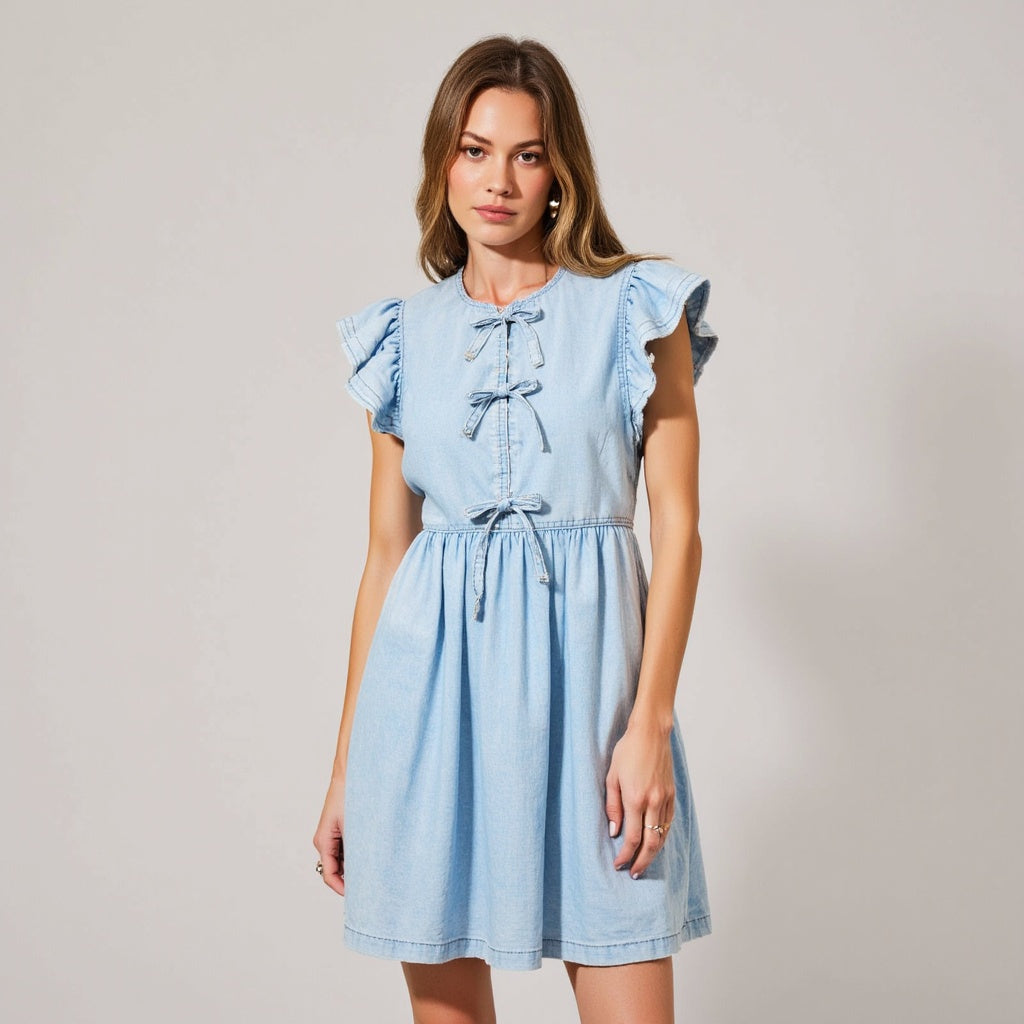 Sleeveless Ruffle Denim Mini Dress with Bow-Tie Front and Drawstring Waist