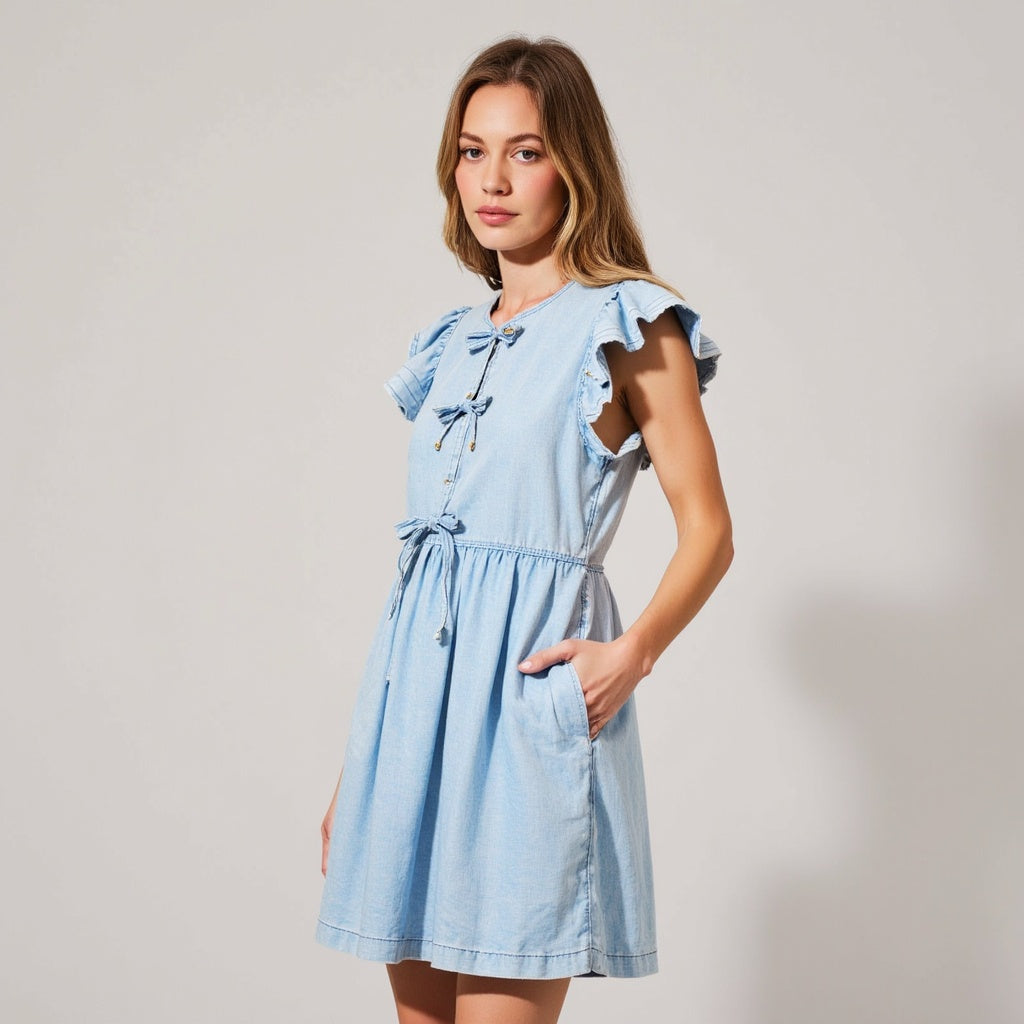 Sleeveless Ruffle Denim Mini Dress with Bow-Tie Front and Drawstring Waist