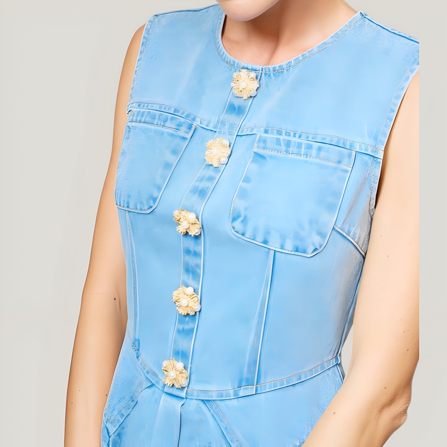Sleeveless Denim Mini Dress with Gold Button Front and Flared Skirt