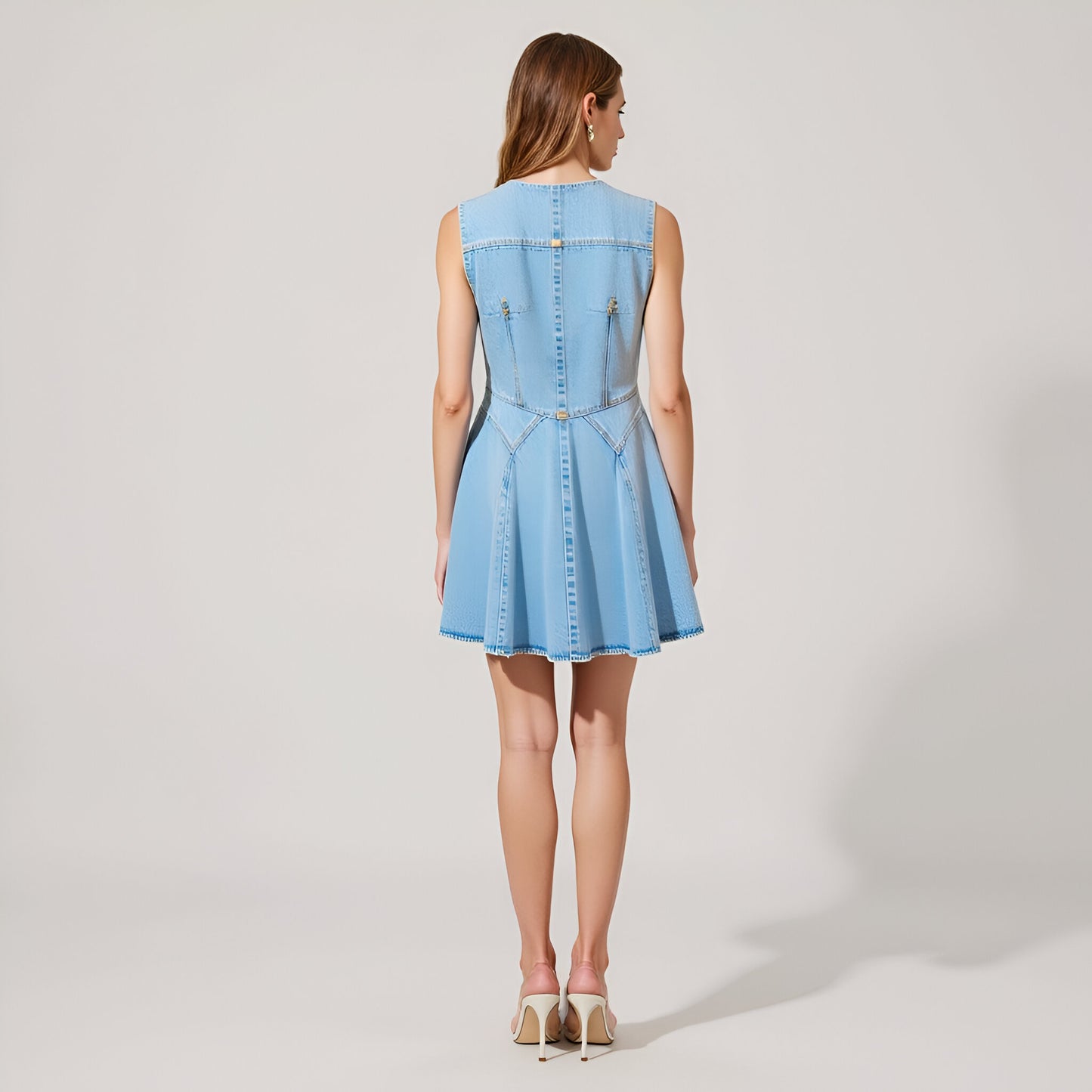 Sleeveless Denim Mini Dress with Gold Button Front and Flared Skirt