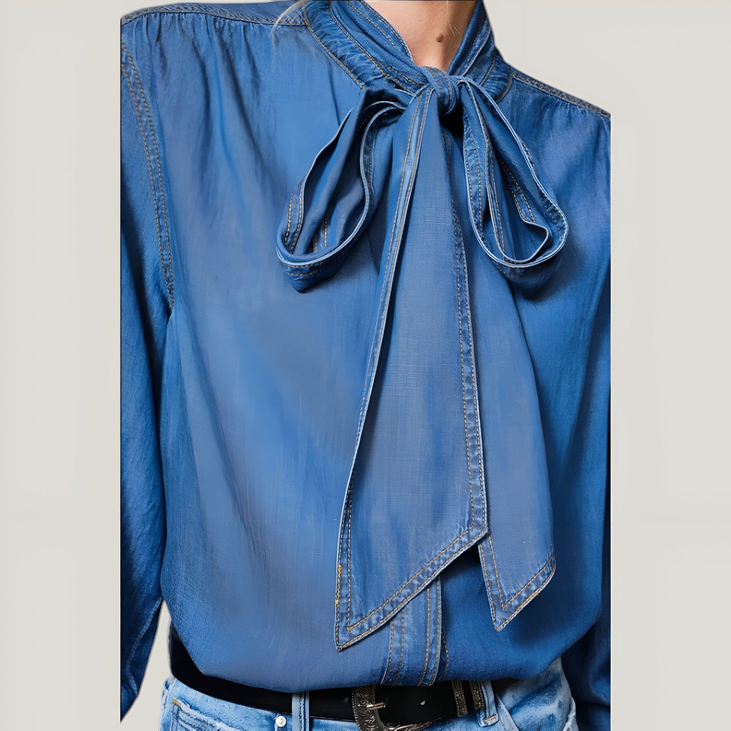 Chambray Tie-Neck Blouse with Hidden Button Closure and Long Sleeves