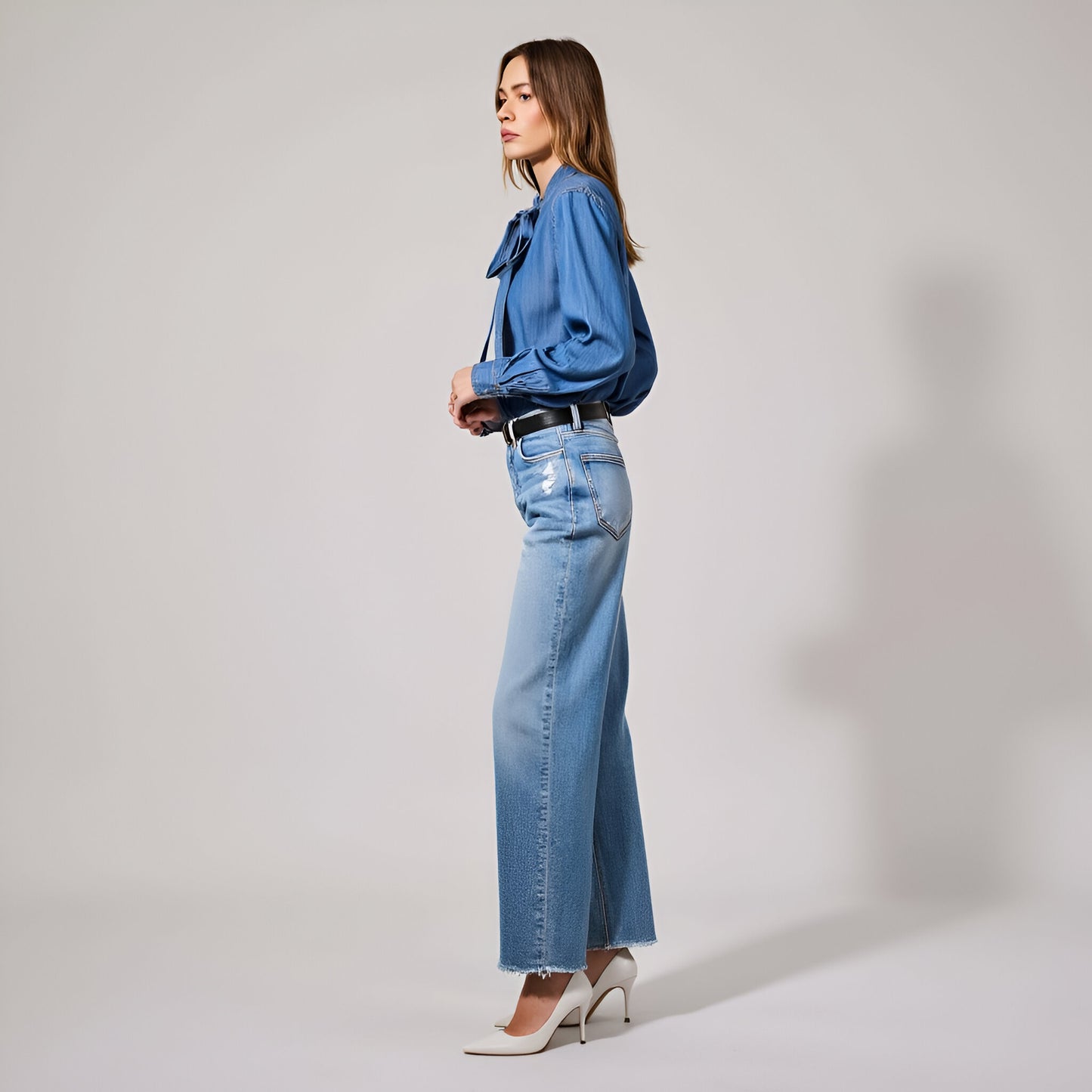 Chambray Tie-Neck Blouse with Hidden Button Closure and Long Sleeves