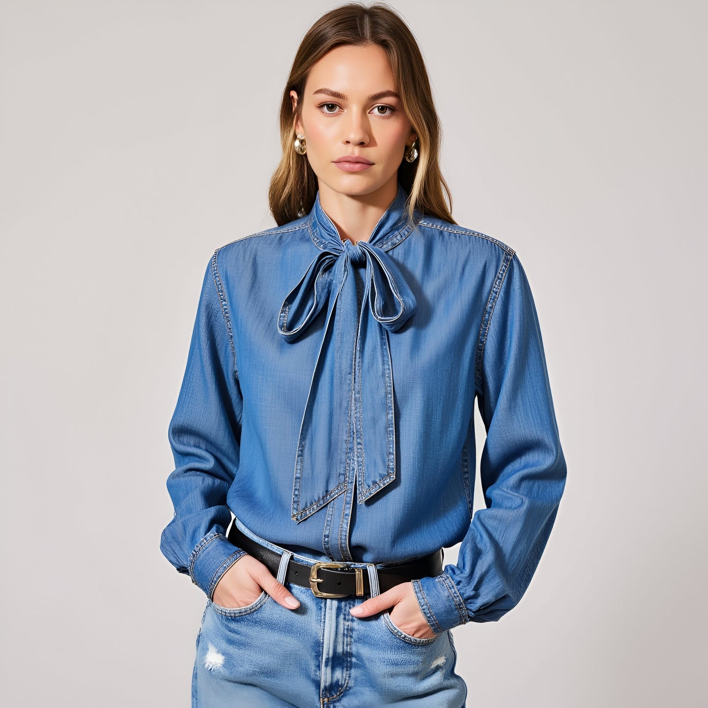 Chambray Tie-Neck Blouse with Hidden Button Closure and Long Sleeves