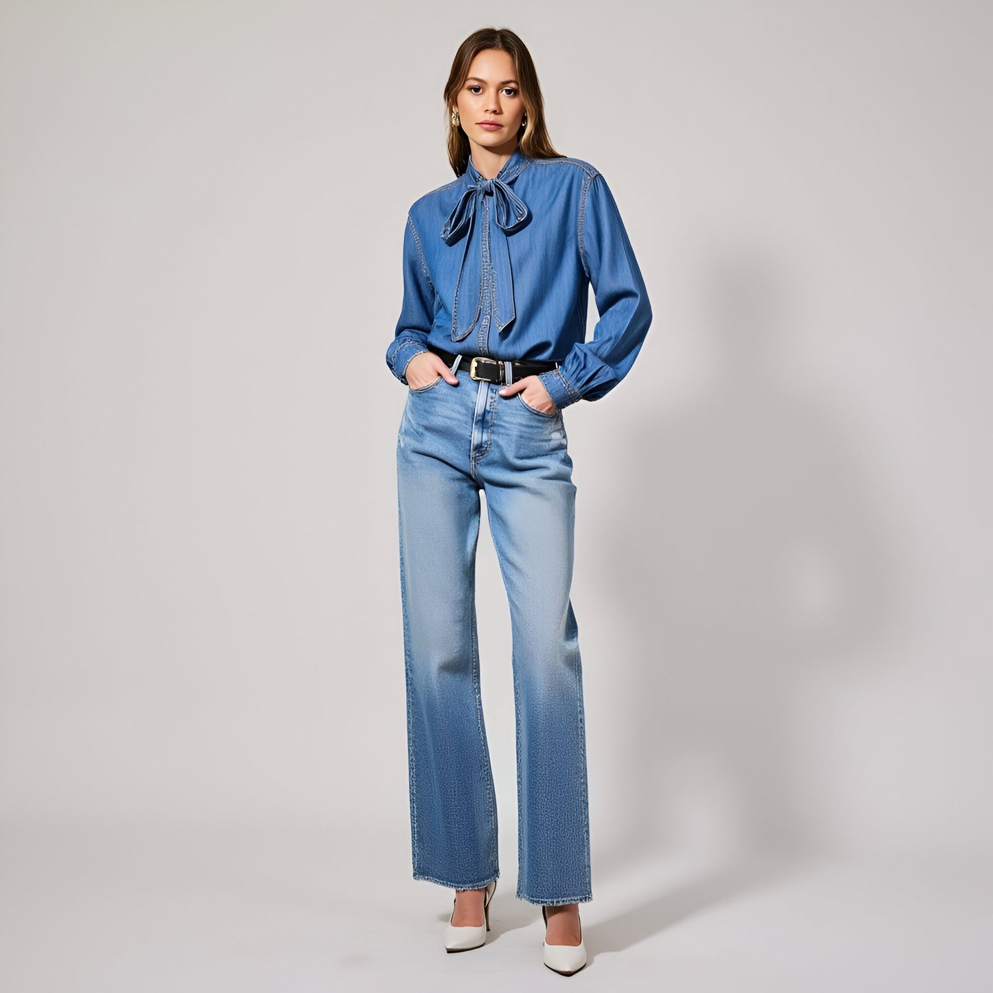 Chambray Tie-Neck Blouse with Hidden Button Closure and Long Sleeves