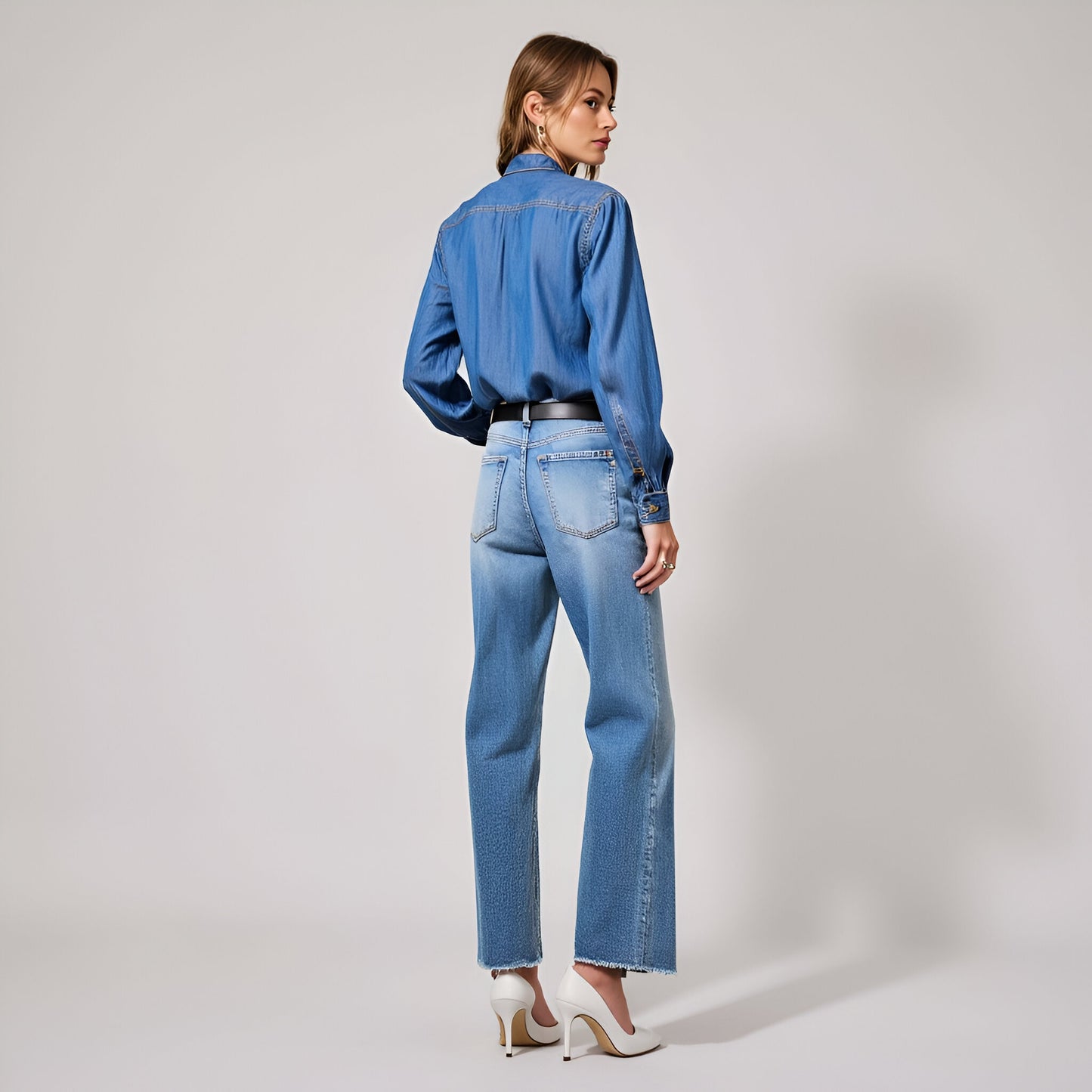 Chambray Tie-Neck Blouse with Hidden Button Closure and Long Sleeves