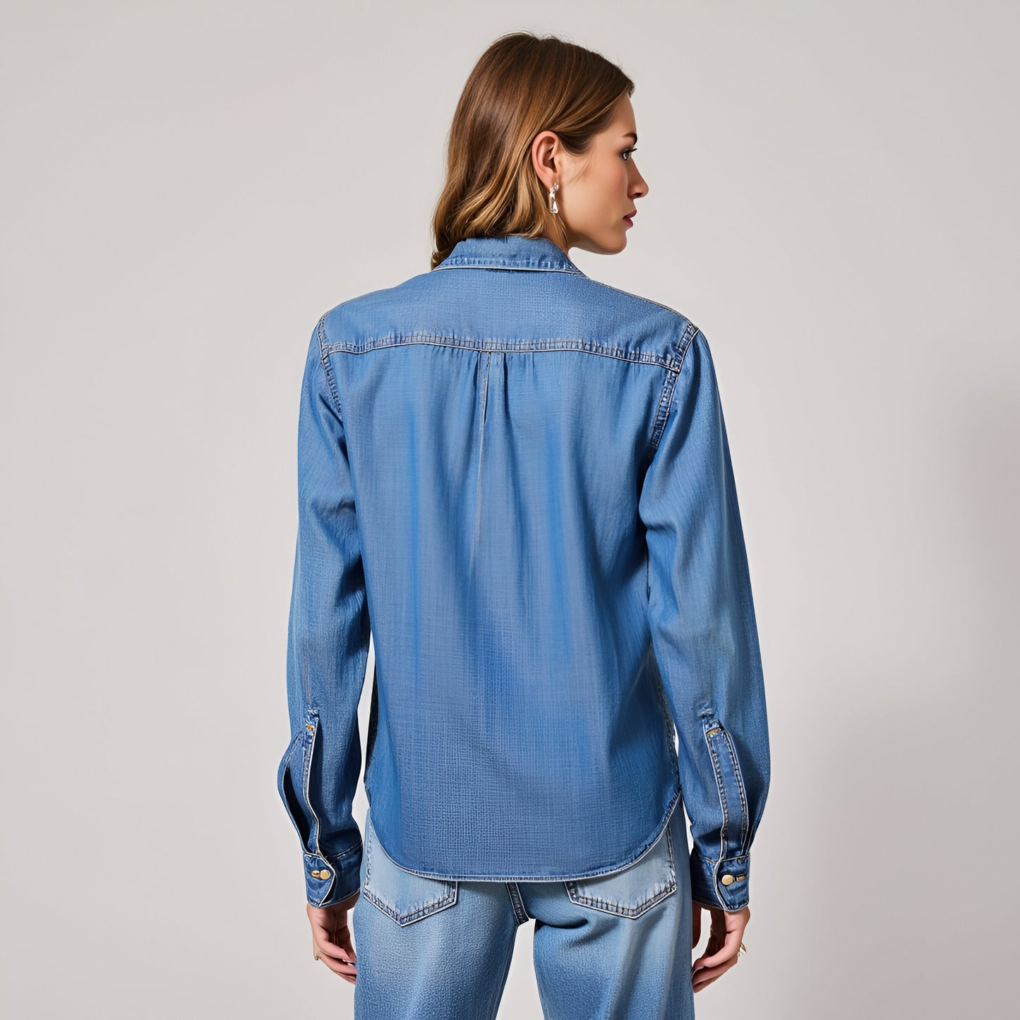 Chambray Tie-Neck Blouse with Hidden Button Closure and Long Sleeves