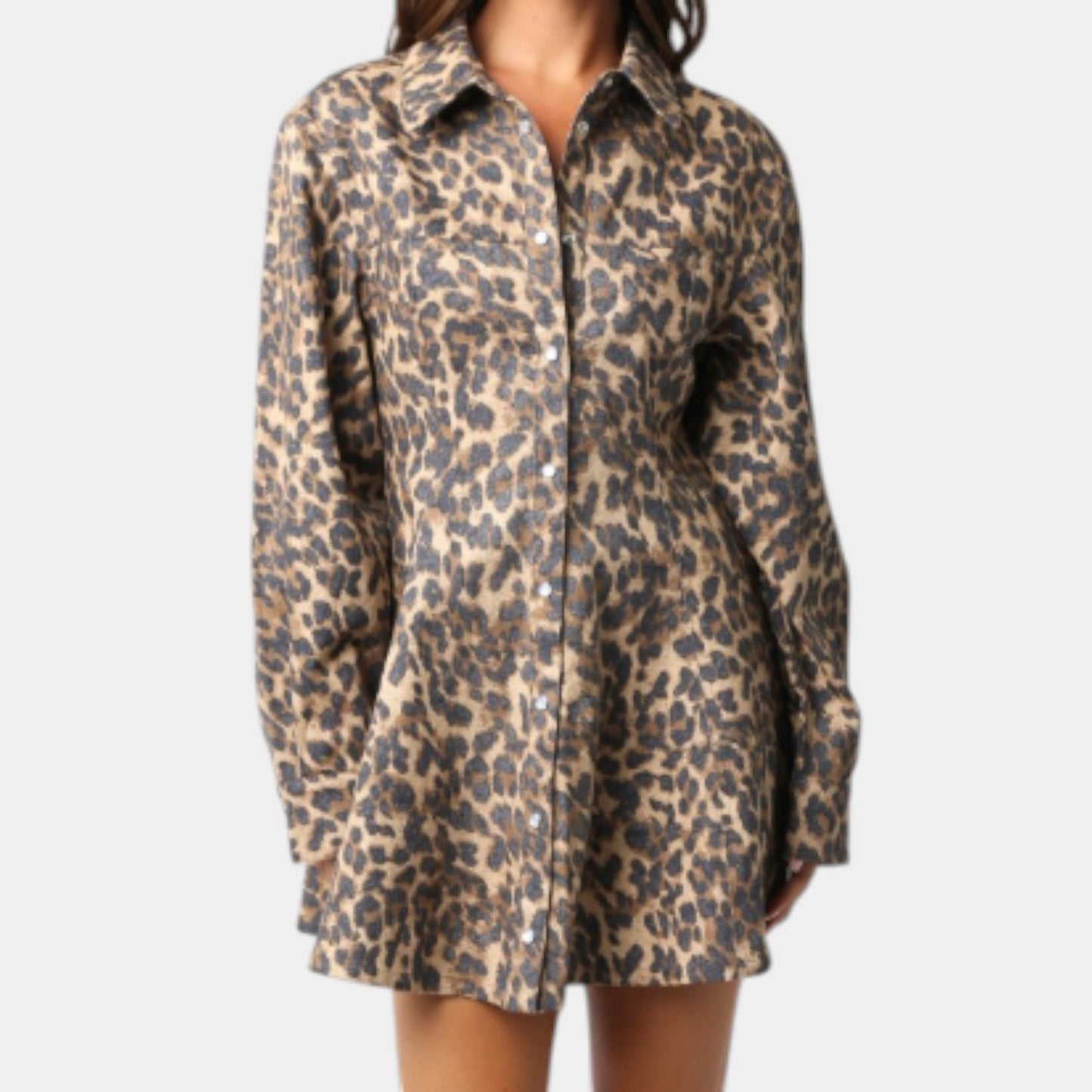 Leopard Print Mini Dress with Long Sleeves, Button Front and Pockets