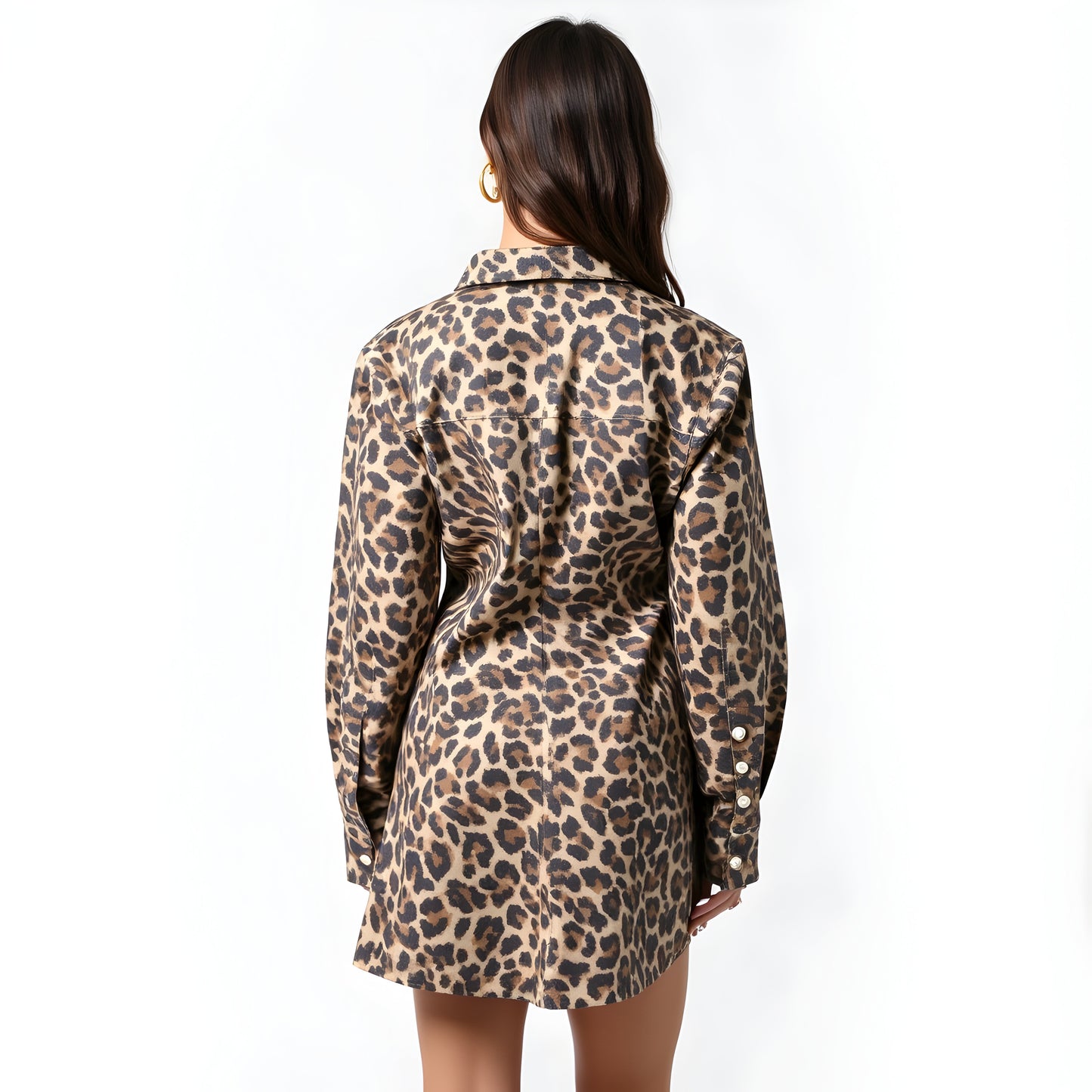 Leopard Print Mini Dress with Long Sleeves, Button Front and Pockets