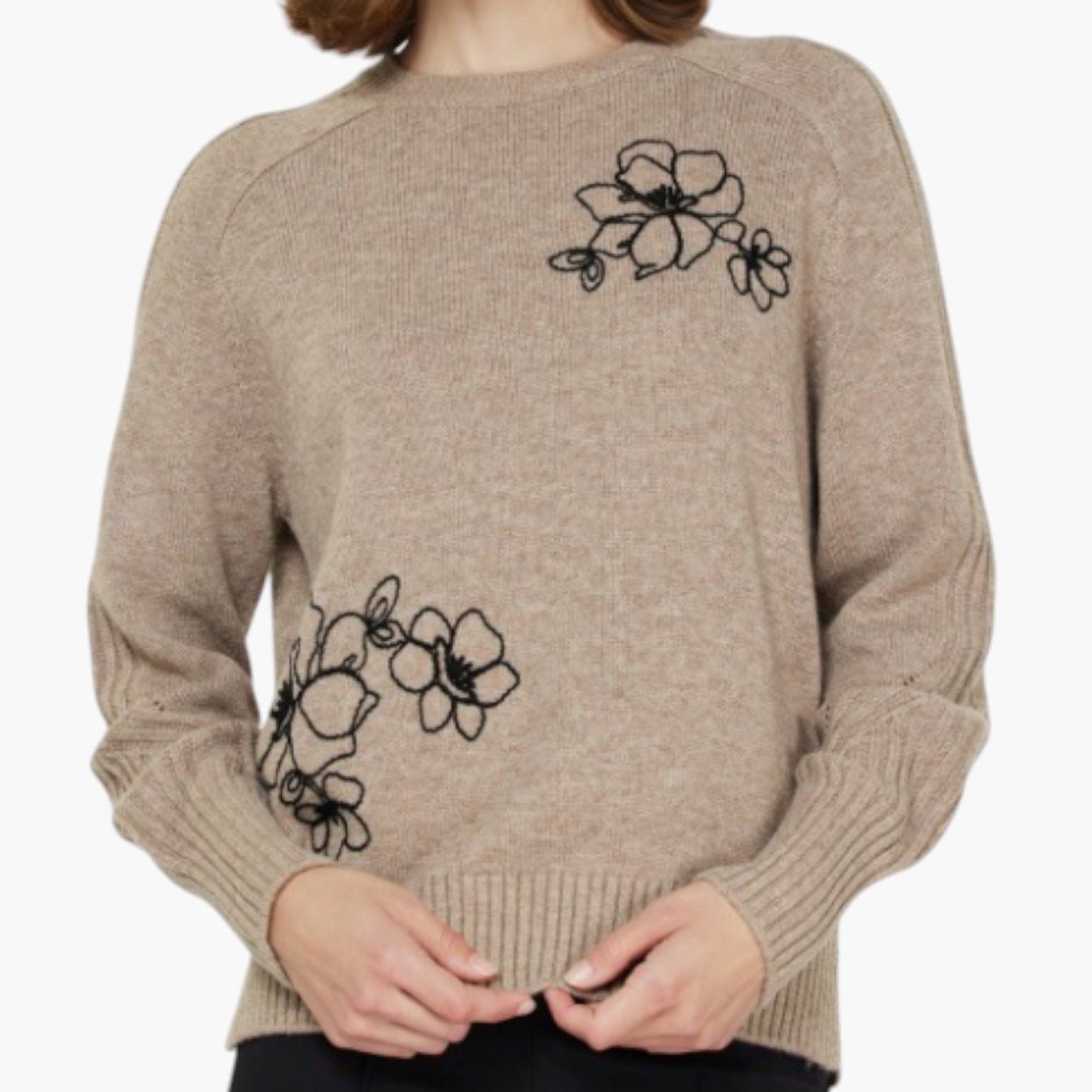 Crewneck Sweater with Embroidered Black Floral Motifs and Ribbed Trim