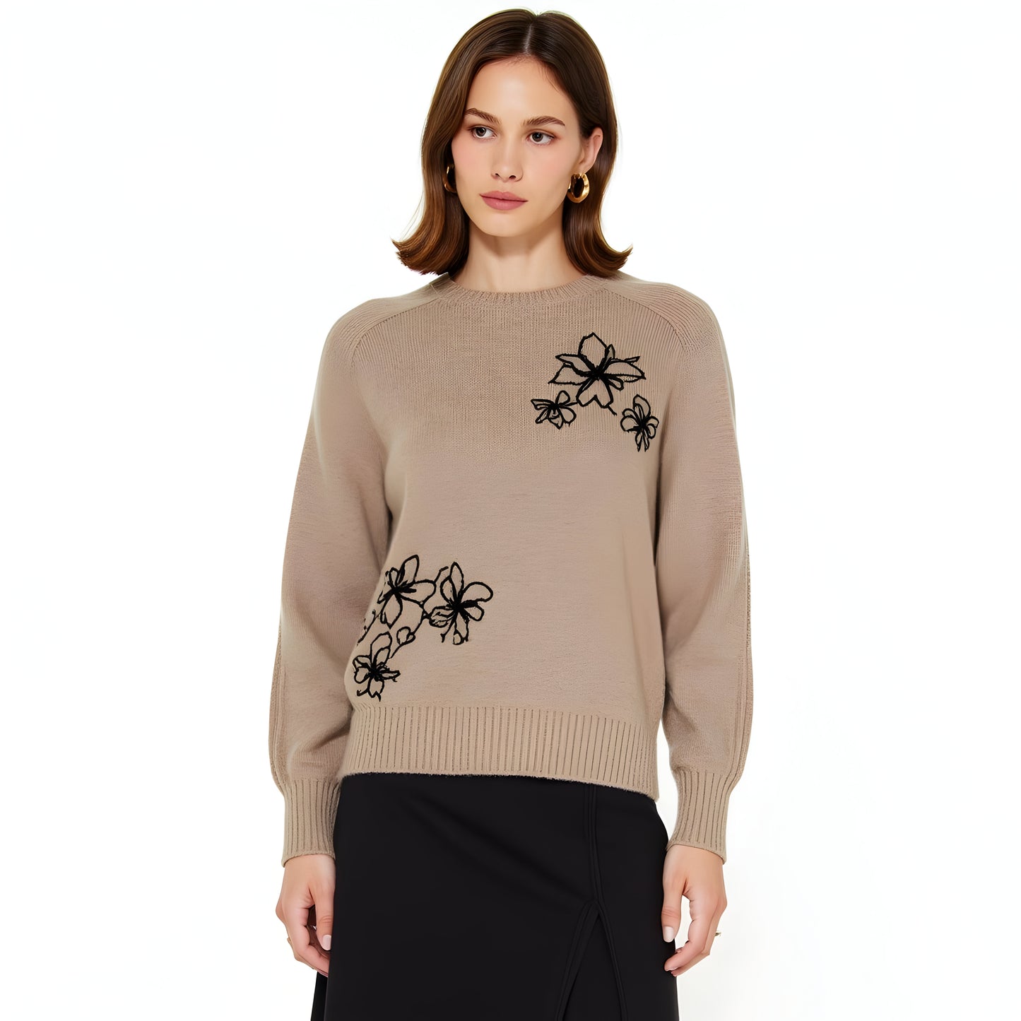 Crewneck Sweater with Embroidered Black Floral Motifs and Ribbed Trim