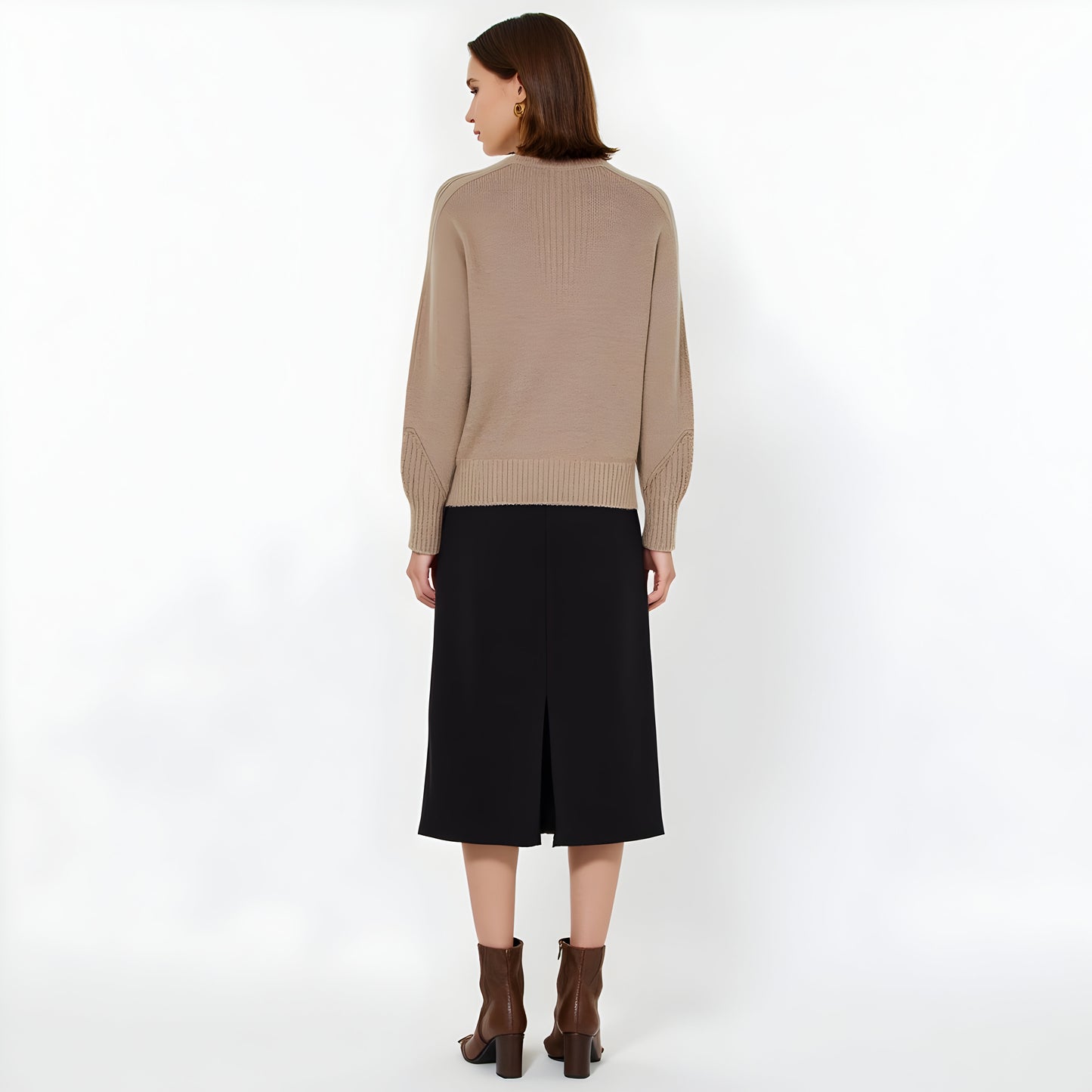 Crewneck Sweater with Embroidered Black Floral Motifs and Ribbed Trim