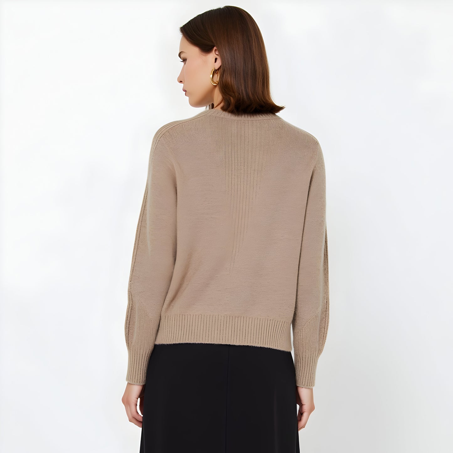 Crewneck Sweater with Embroidered Black Floral Motifs and Ribbed Trim