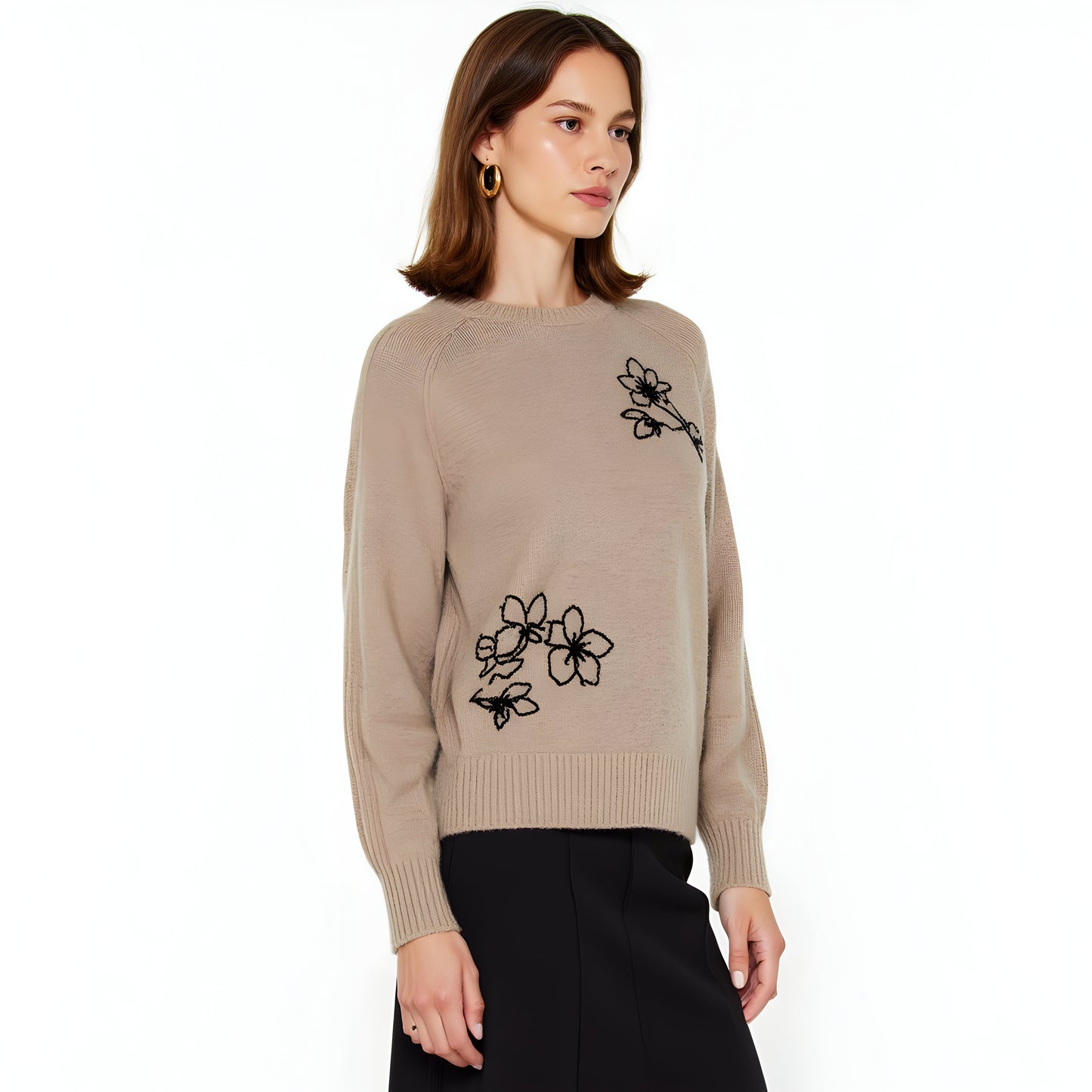 Crewneck Sweater with Embroidered Black Floral Motifs and Ribbed Trim