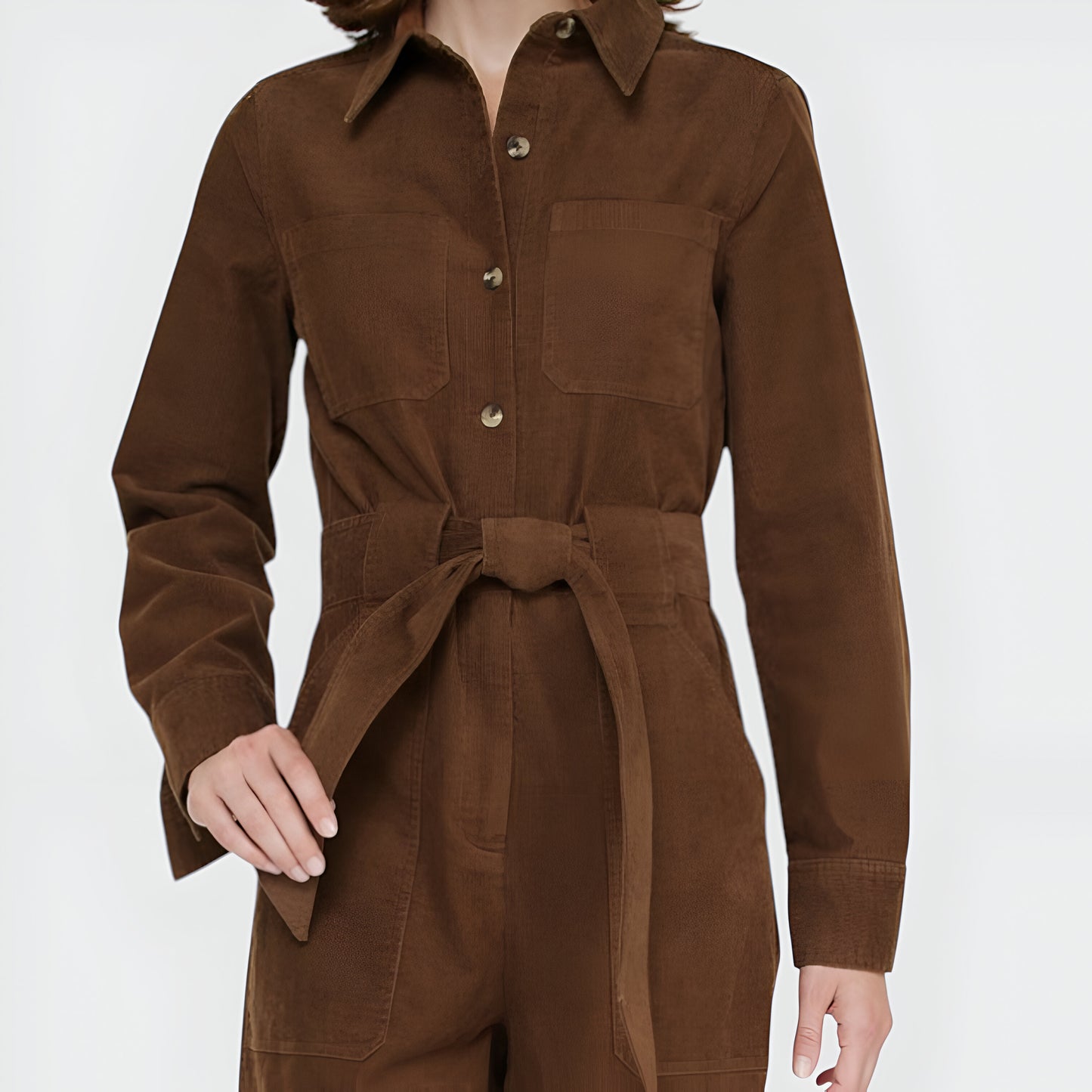 Corduroy Long Sleeve Jumpsuit with Belted Waist and Patch Pockets