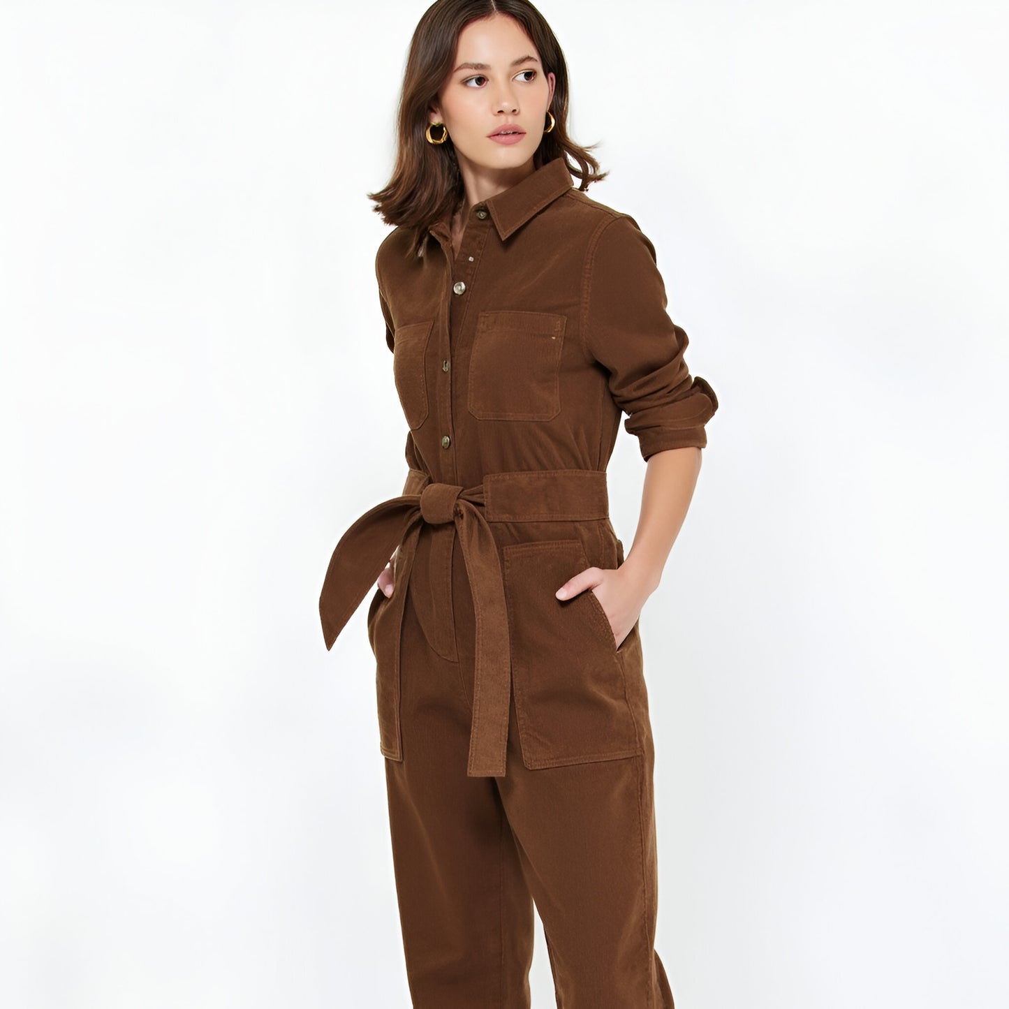 Corduroy Long Sleeve Jumpsuit with Belted Waist and Patch Pockets