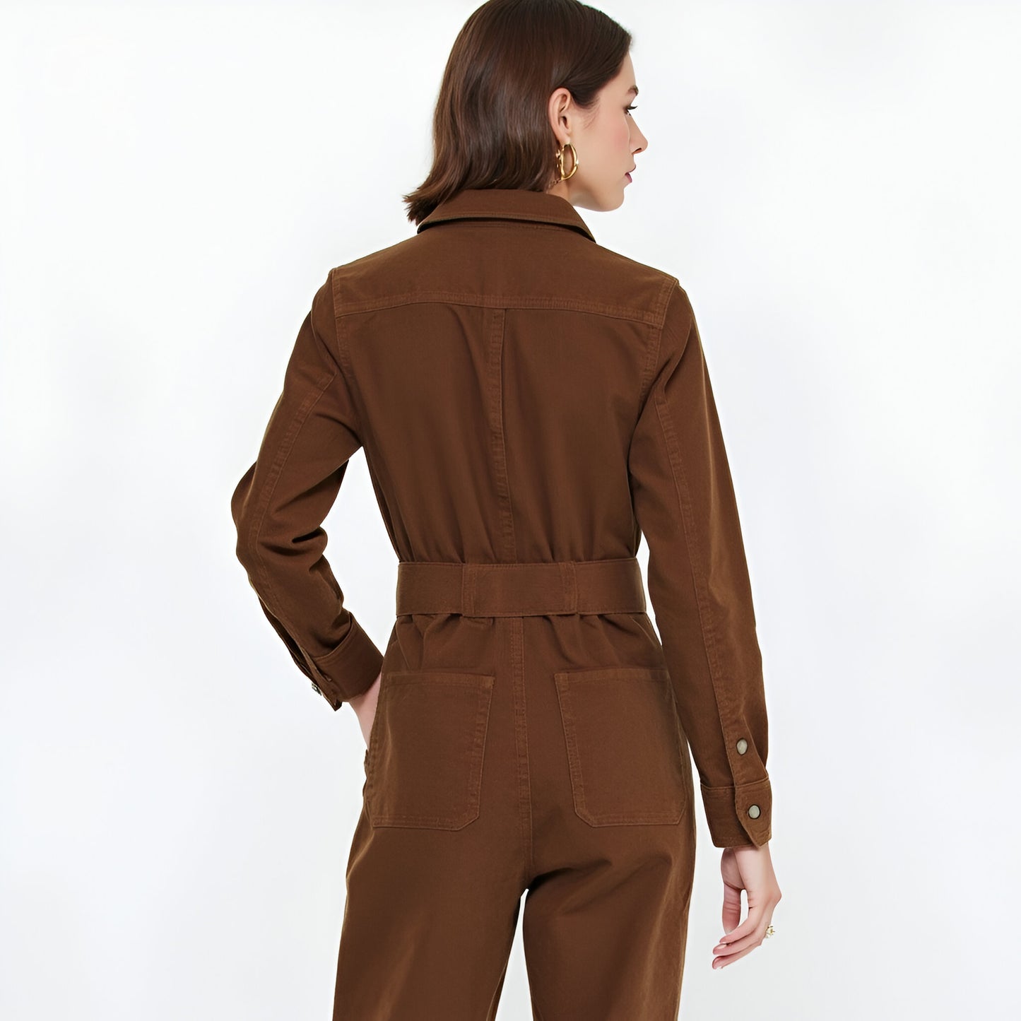 Corduroy Long Sleeve Jumpsuit with Belted Waist and Patch Pockets