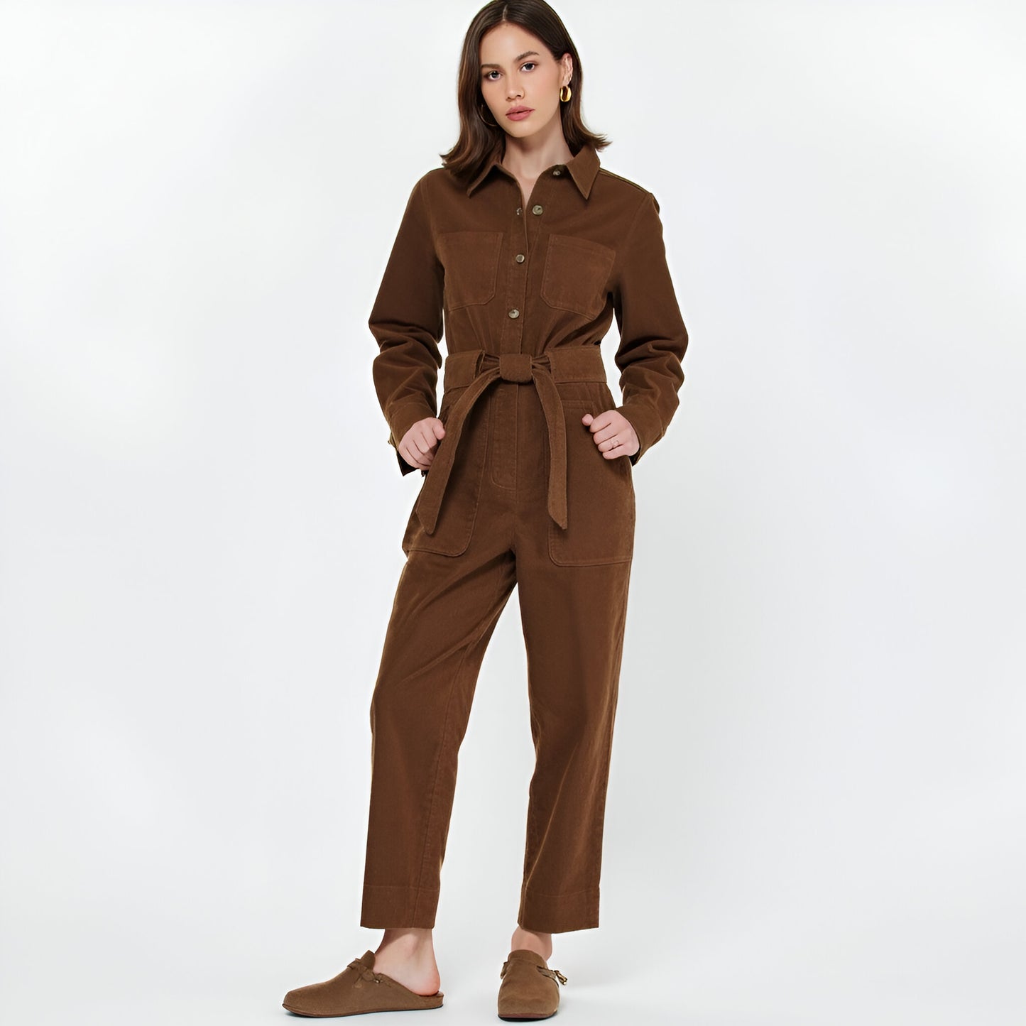 Corduroy Long Sleeve Jumpsuit with Belted Waist and Patch Pockets
