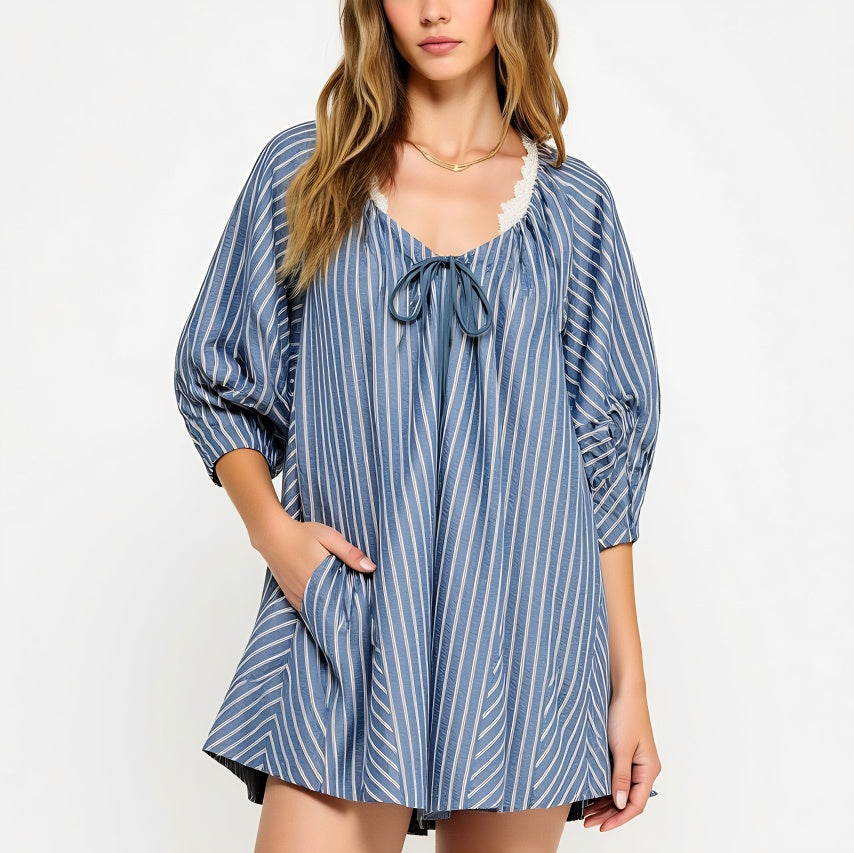 Striped V-Neck Romper with 3/4 Sleeves and Front Tie Detail
