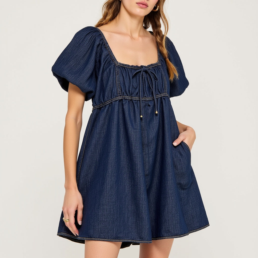 Dark Blue Puff Sleeve Romper with Tie Front and Relaxed Flowy Fit