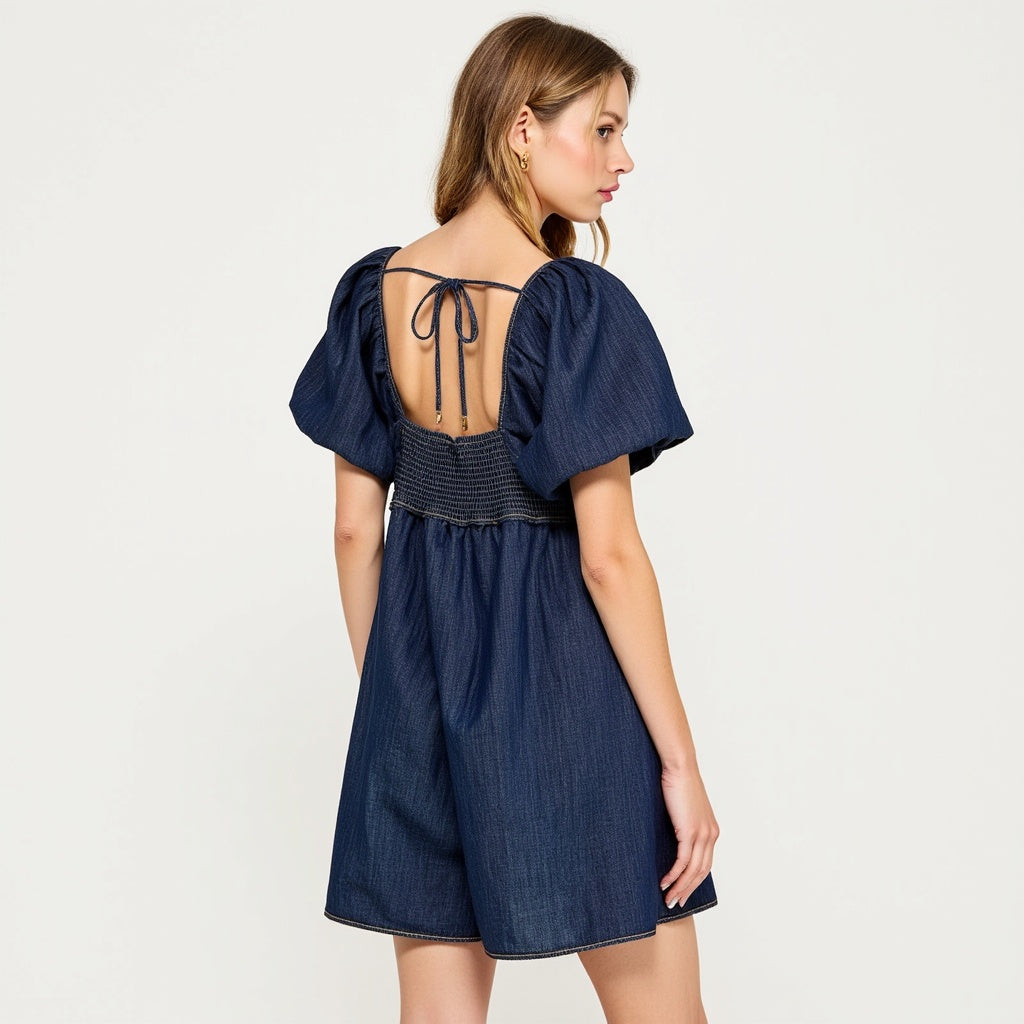 Dark Blue Puff Sleeve Romper with Tie Front and Relaxed Flowy Fit
