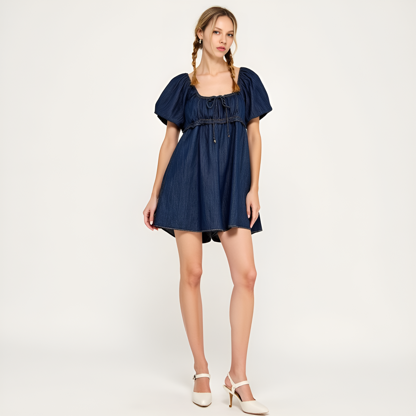 Dark Blue Puff Sleeve Romper with Tie Front and Relaxed Flowy Fit