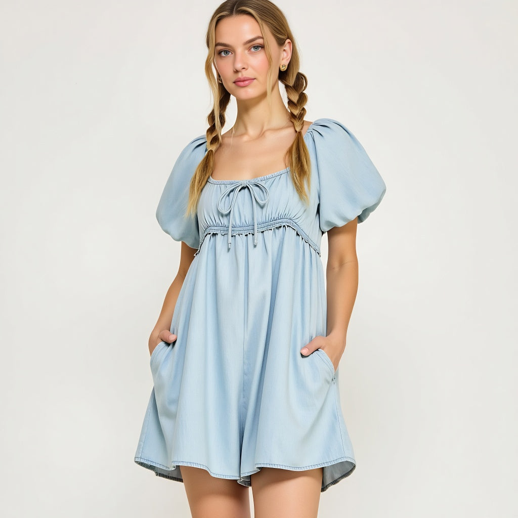 Light Blue Puff Sleeve Romper with Tie Front and Relaxed Flowy Fit