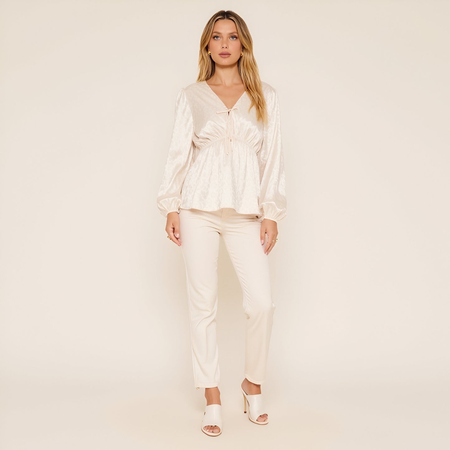 Satin Long Sleeve Blouse with Tie Front and Empire Waist