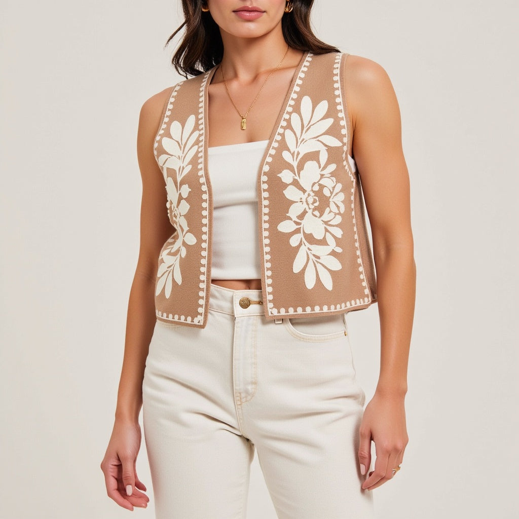 Sleeveless Open-Front Embroidered Vest with Floral Detailing