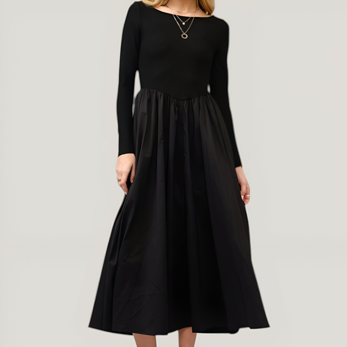 Ribbed Maxi Dress with Boat Neck, V-Peaked Waist and Contrast Details