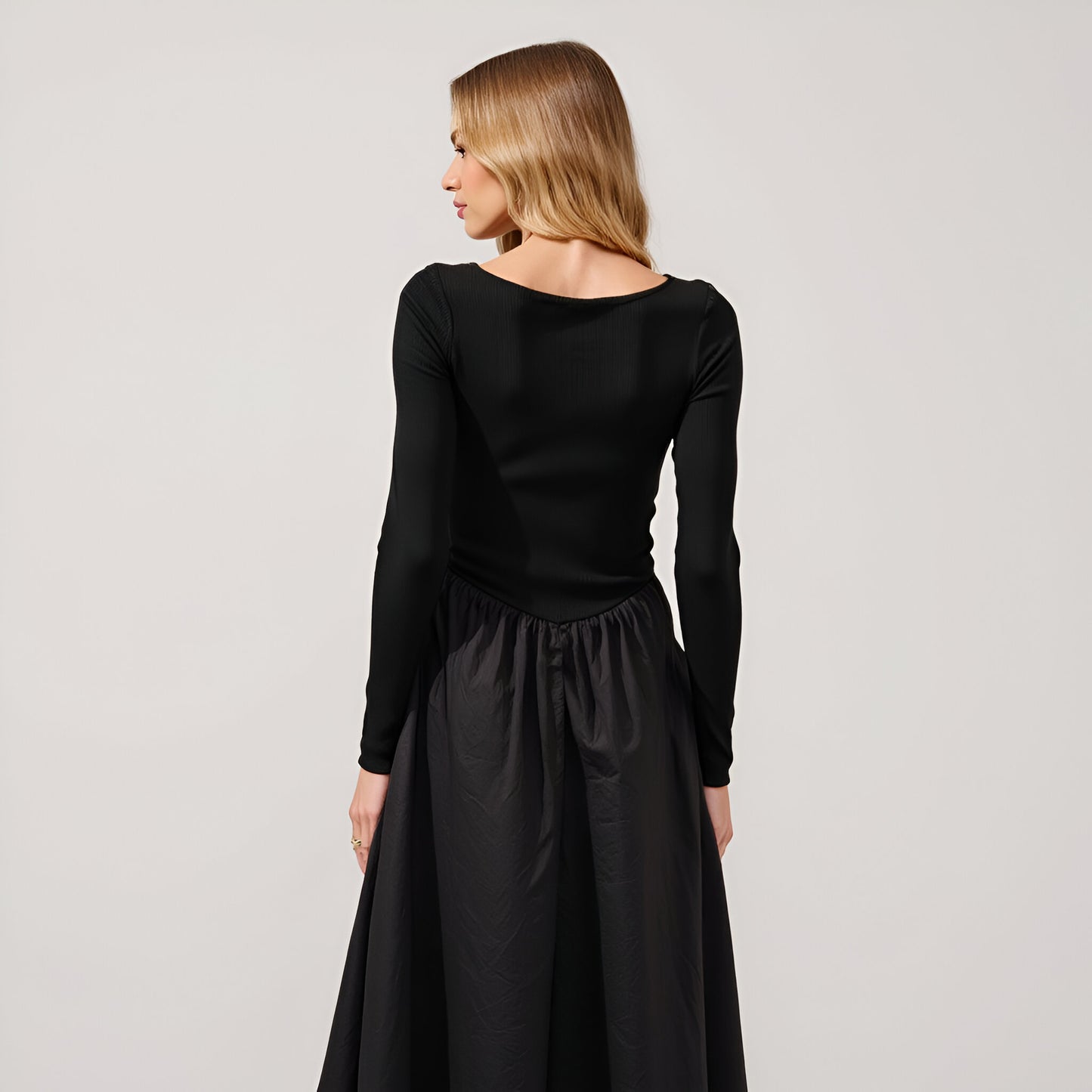 Ribbed Maxi Dress with Boat Neck, V-Peaked Waist and Contrast Details