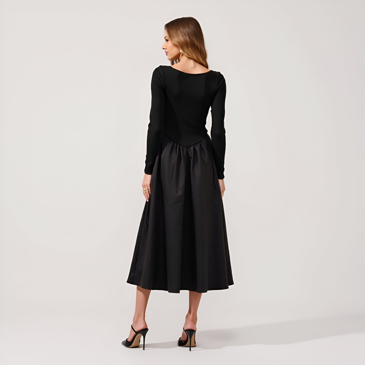 Ribbed Maxi Dress with Boat Neck, V-Peaked Waist and Contrast Details