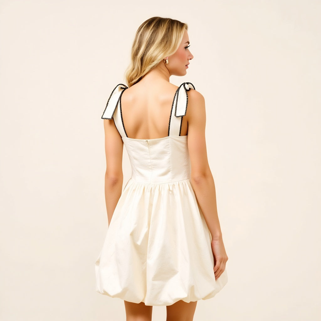 Bow Strap Bubble Hem Mini Dress with Square Neckline Detail