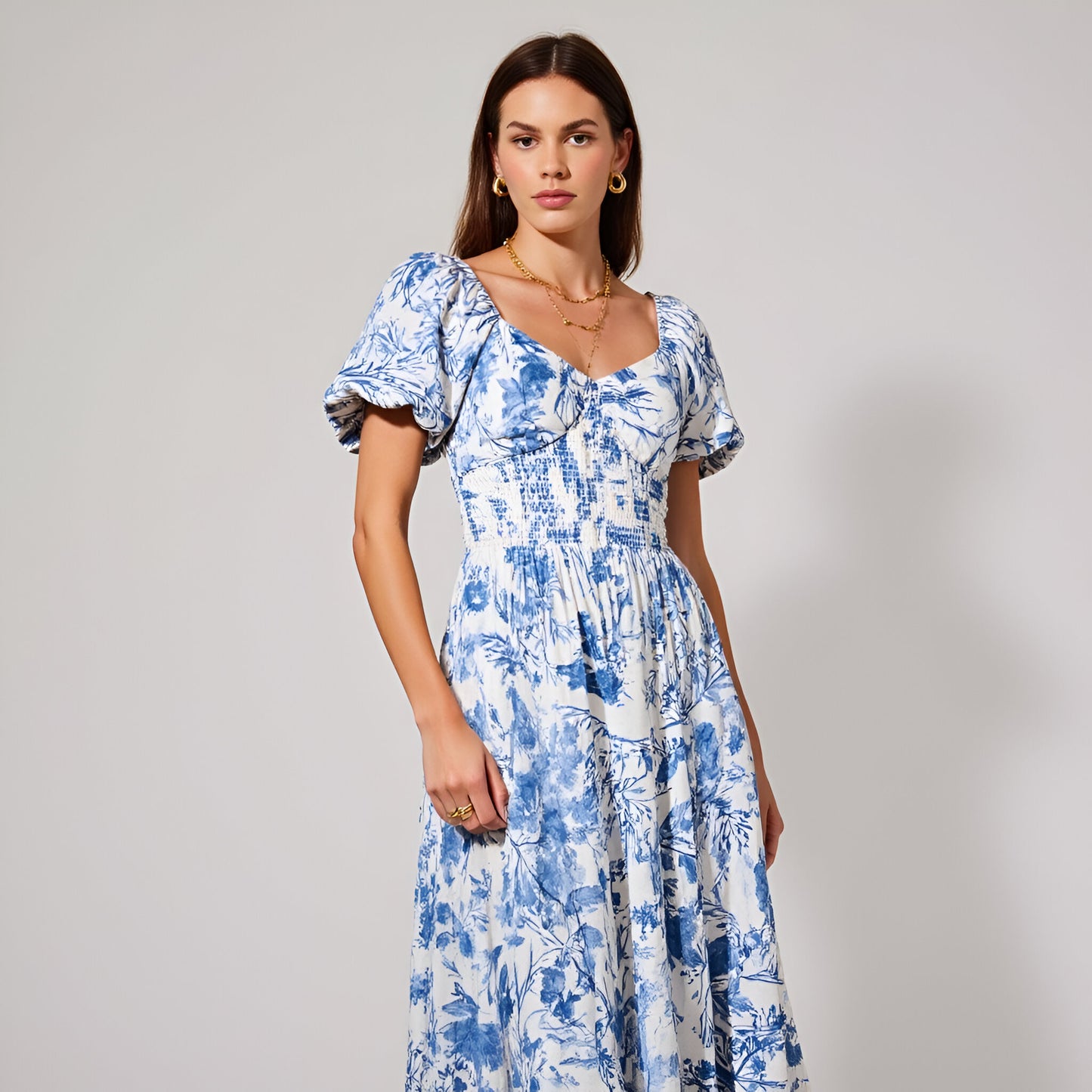 Floral Print Maxi Dress with Puff Sleeves, Sweetheart Neckline, Ruched Bodice and Tiered Hem