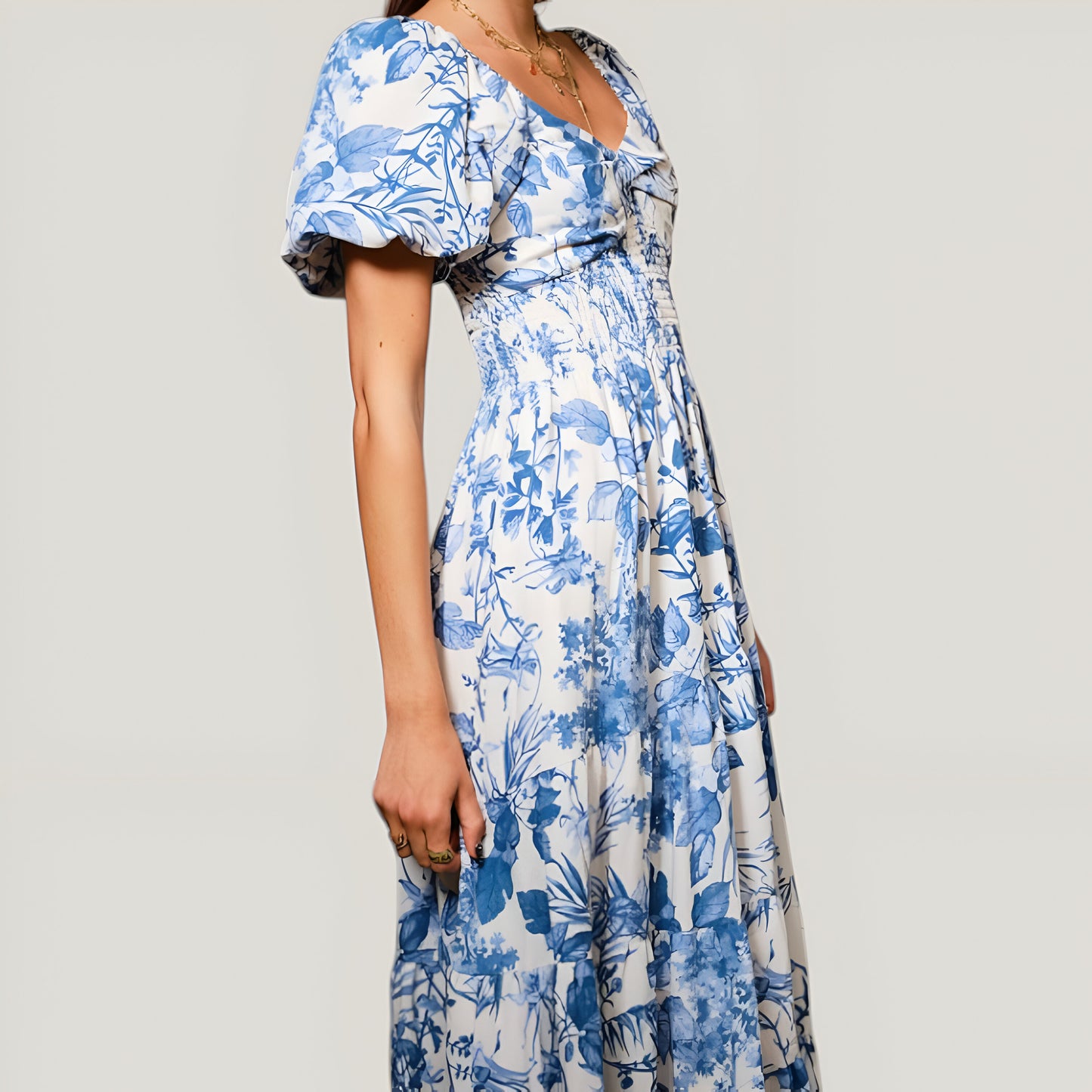 Floral Print Maxi Dress with Puff Sleeves, Sweetheart Neckline, Ruched Bodice and Tiered Hem