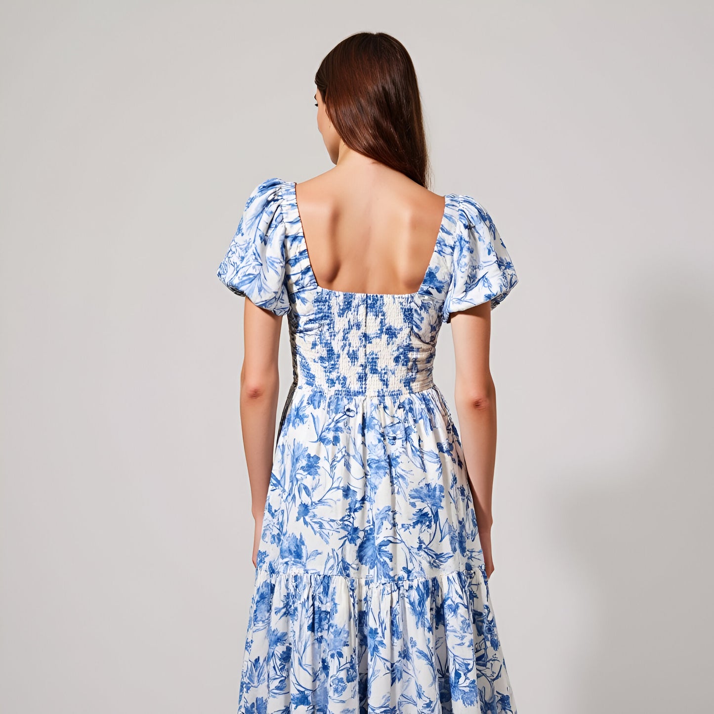 Floral Print Maxi Dress with Puff Sleeves, Sweetheart Neckline, Ruched Bodice and Tiered Hem