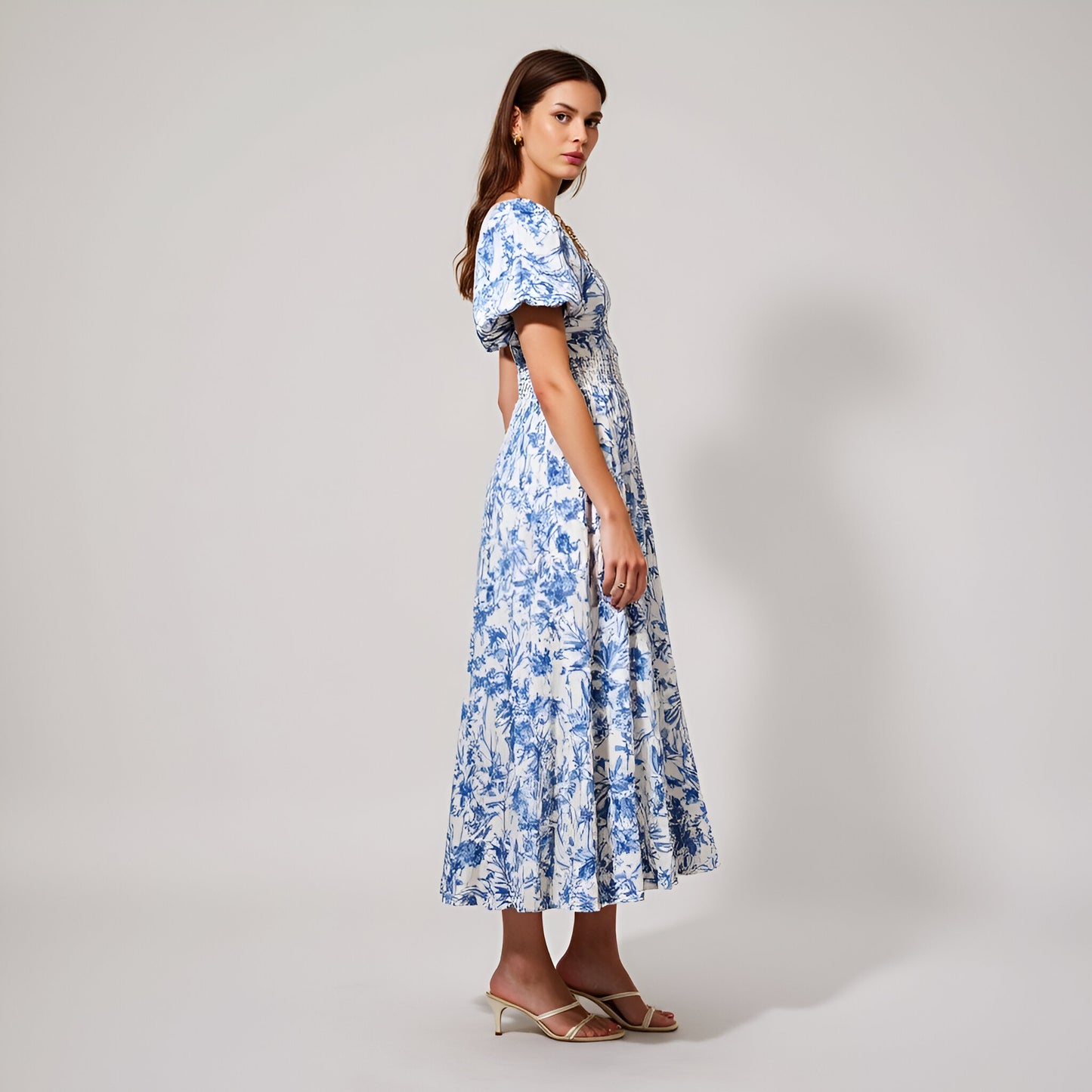 Floral Print Maxi Dress with Puff Sleeves, Sweetheart Neckline, Ruched Bodice and Tiered Hem