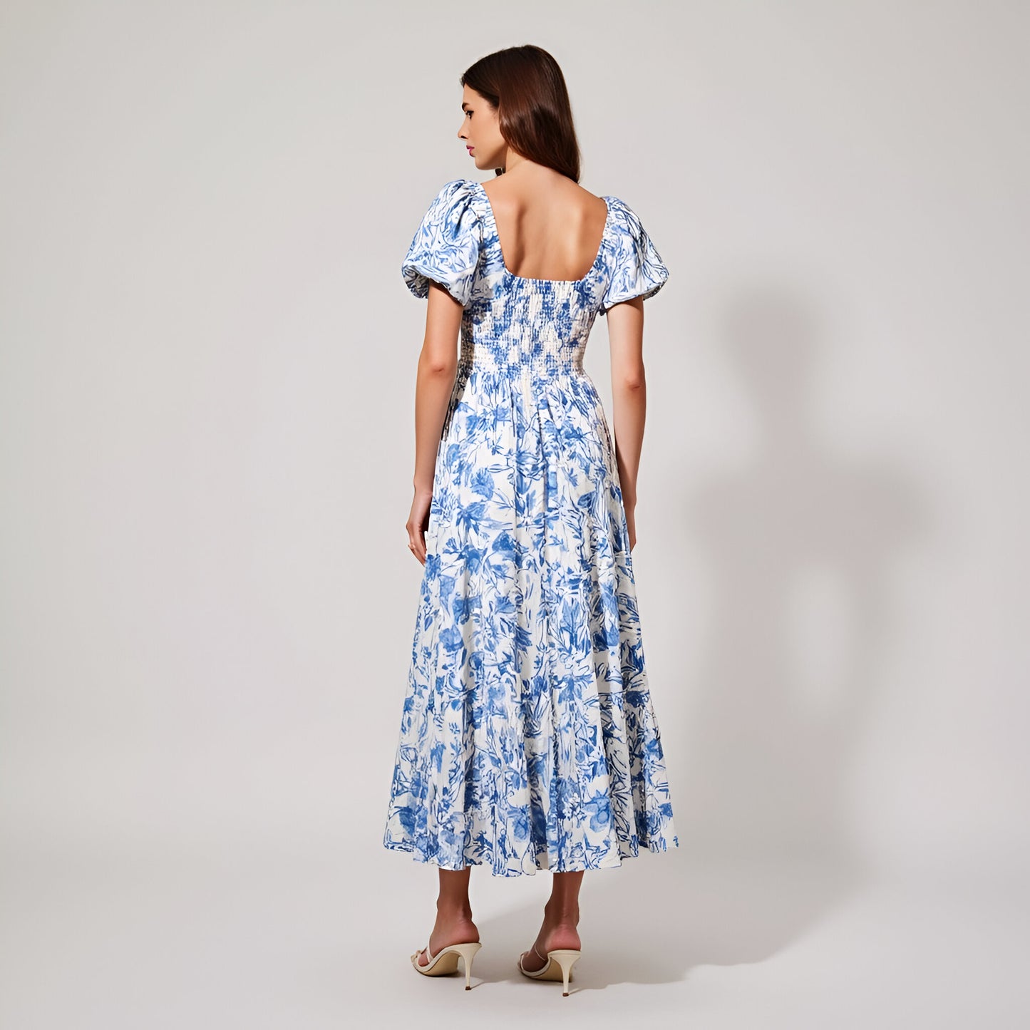 Floral Print Maxi Dress with Puff Sleeves, Sweetheart Neckline, Ruched Bodice and Tiered Hem