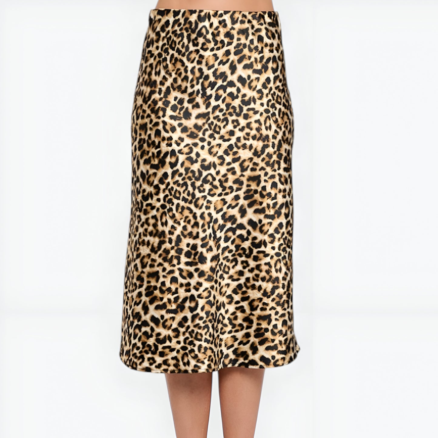 Leopard Print Satin Midi Skirt with Bias Cut and Elastic Waistband
