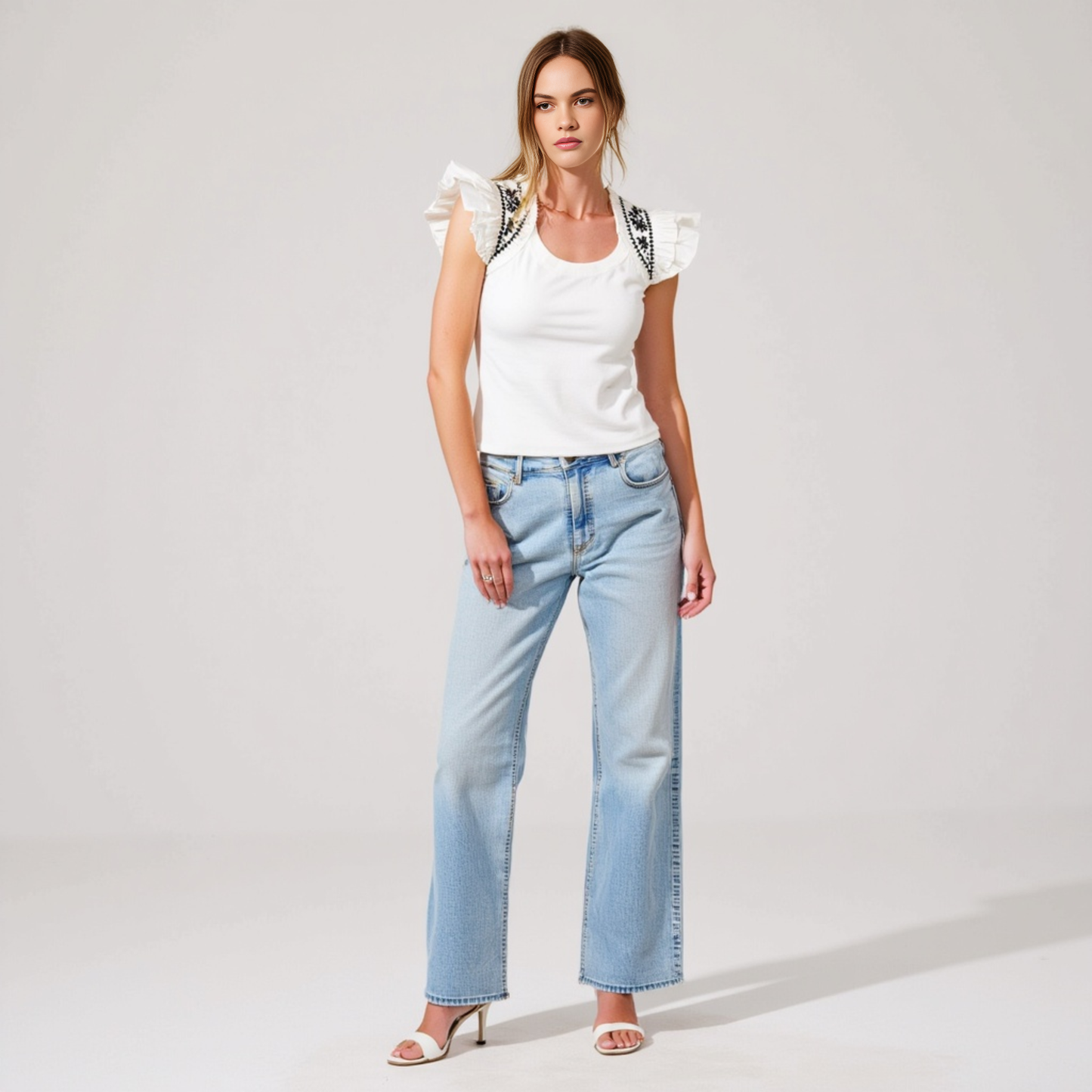 Ruffled Cap-Sleeve Knit Top with Embroidered Shoulder Detail