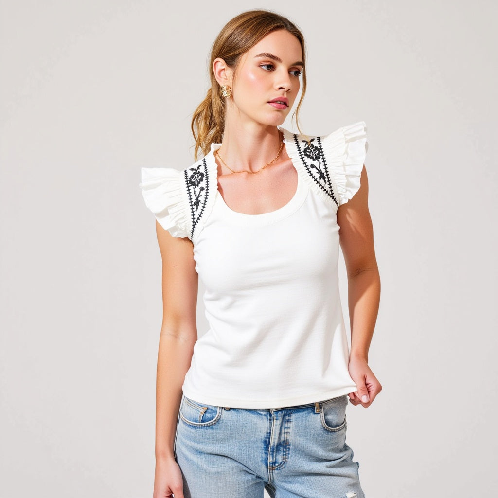 Ruffled Cap-Sleeve Knit Top with Embroidered Shoulder Detail