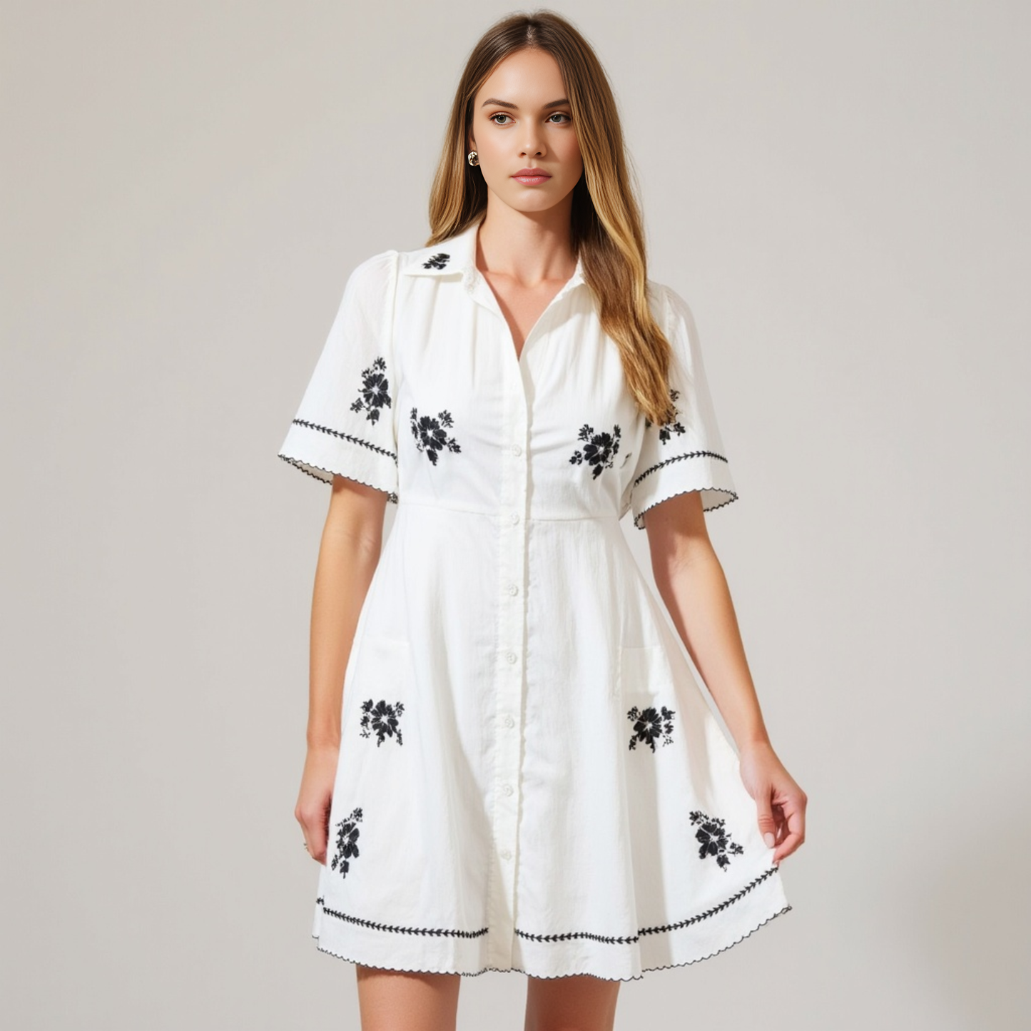 Short-Sleeve Button-Front Embroidered Shirt Dress with Scalloped Trim