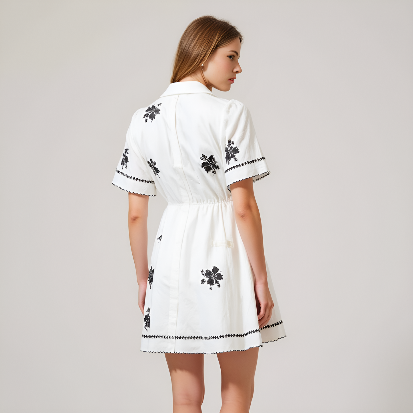 Short-Sleeve Button-Front Embroidered Shirt Dress with Scalloped Trim