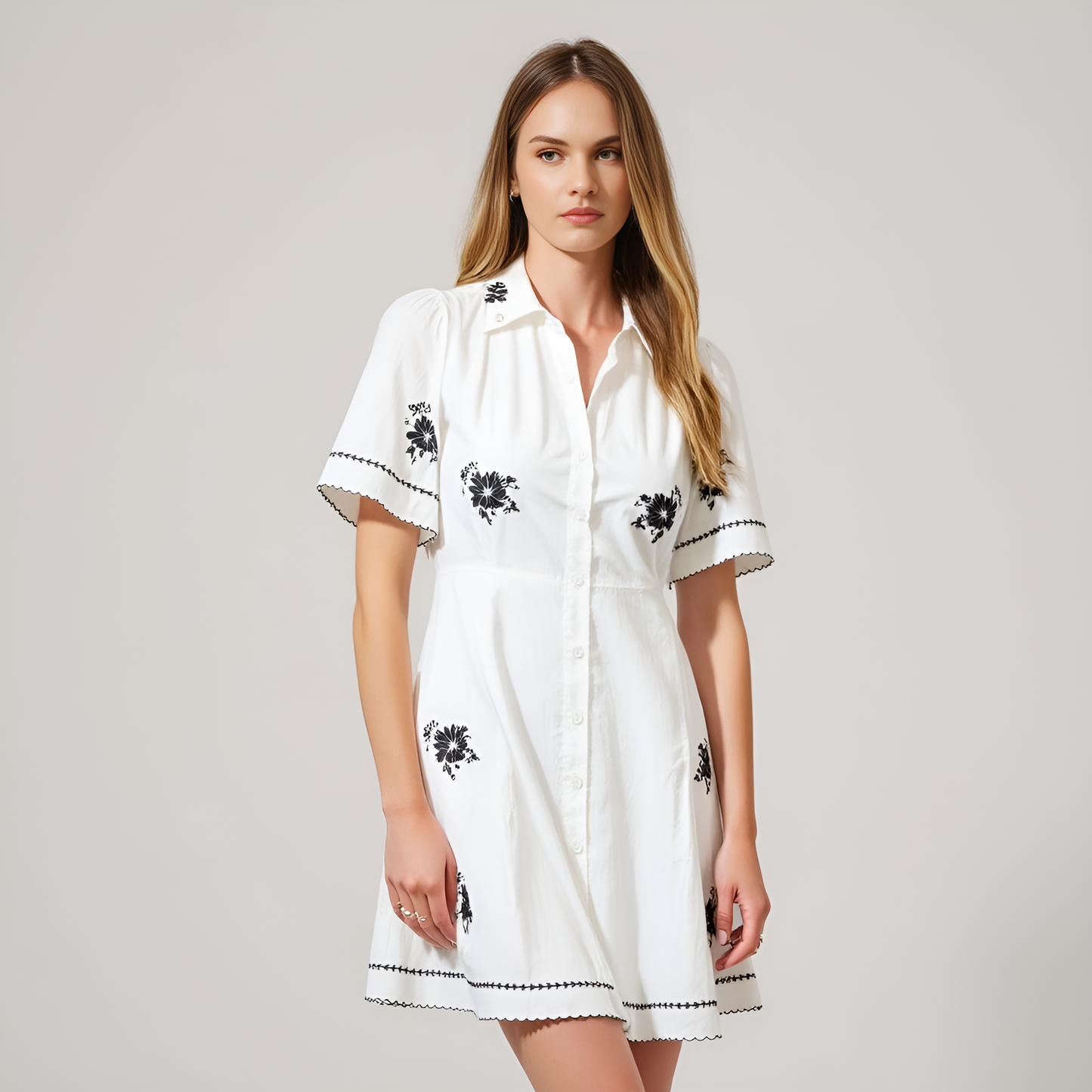 Short-Sleeve Button-Front Embroidered Shirt Dress with Scalloped Trim