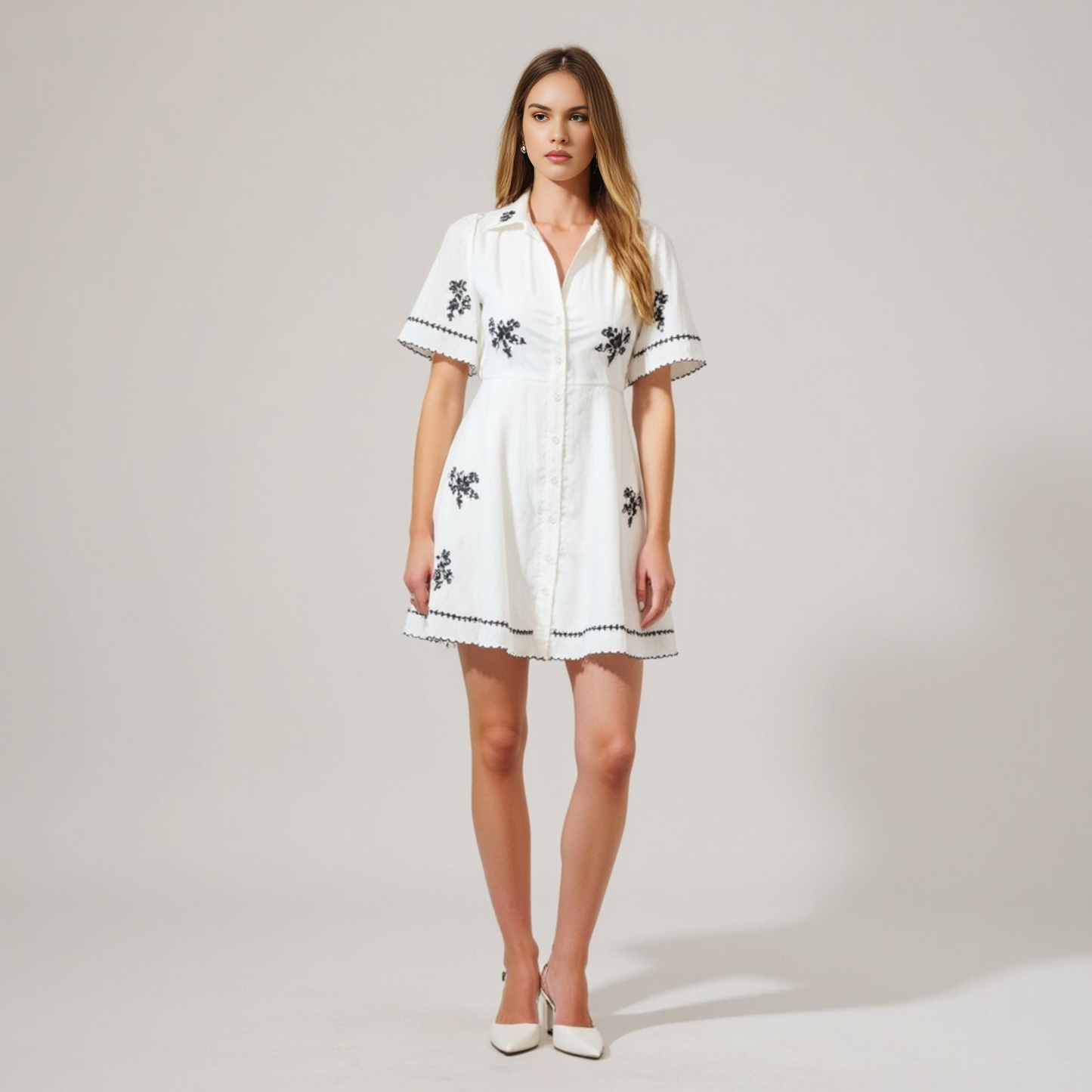 Short-Sleeve Button-Front Embroidered Shirt Dress with Scalloped Trim