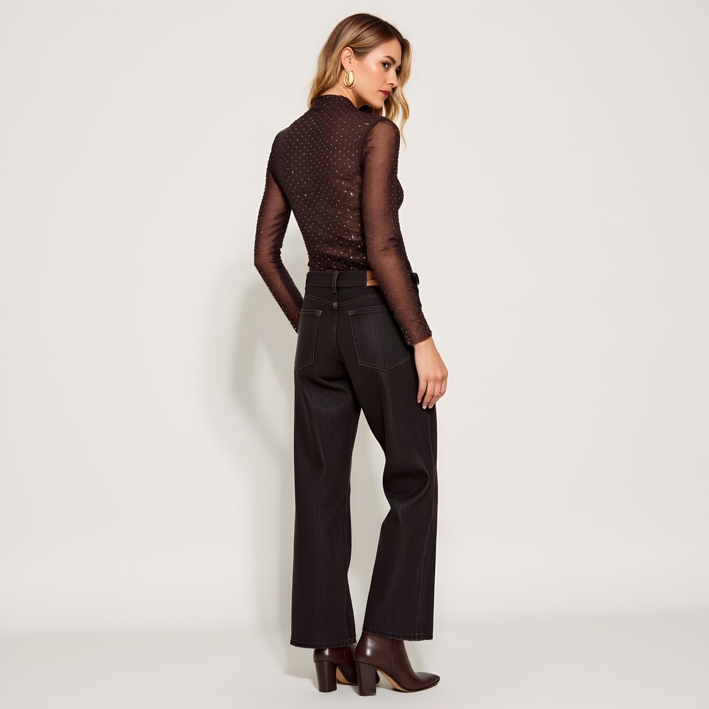 Sheer Mesh Long Sleeve Top with Sparkle Detail and Fitted Mock Neck