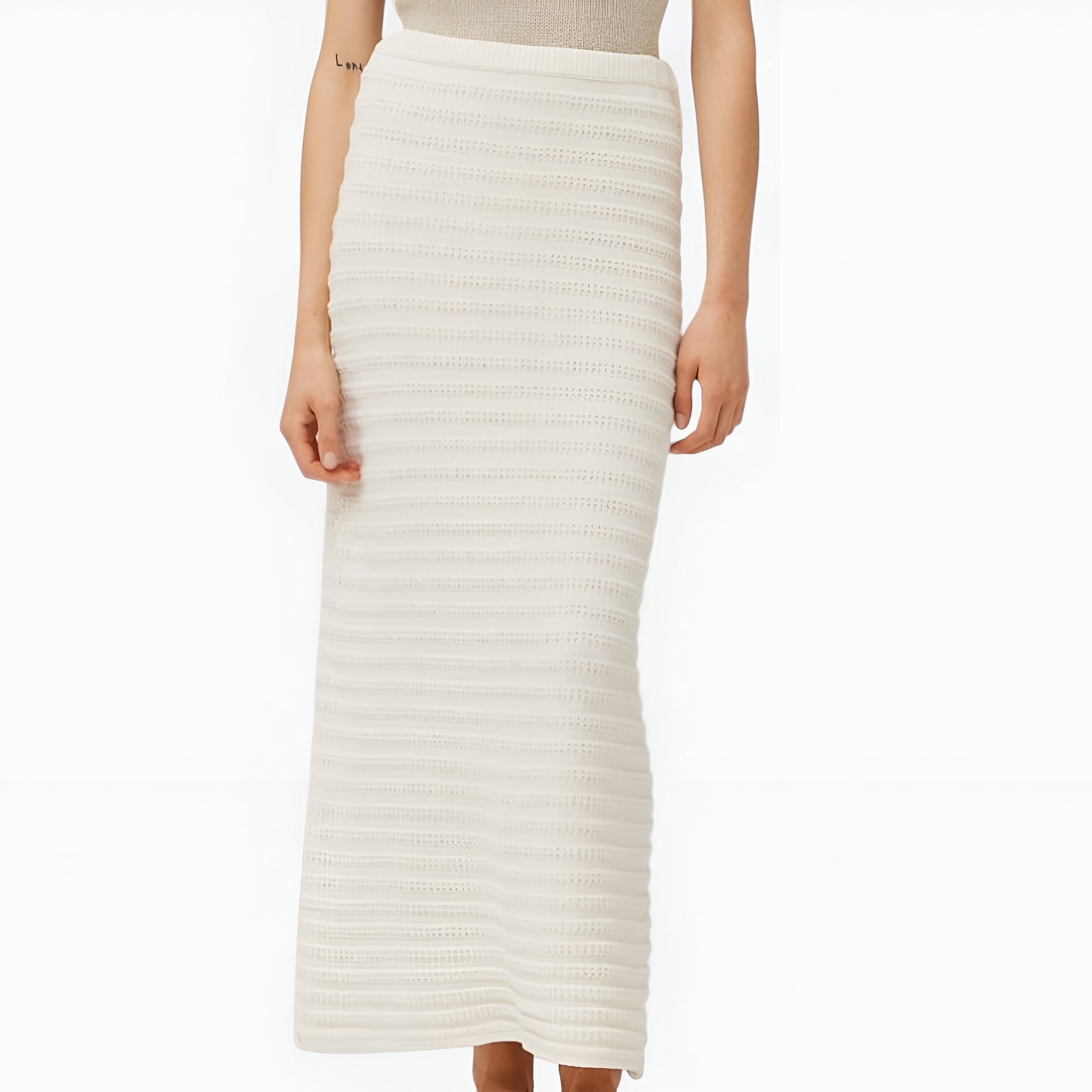 Textured Knit Midi Skirt with Ribbed Stripe Pattern and Back Slit