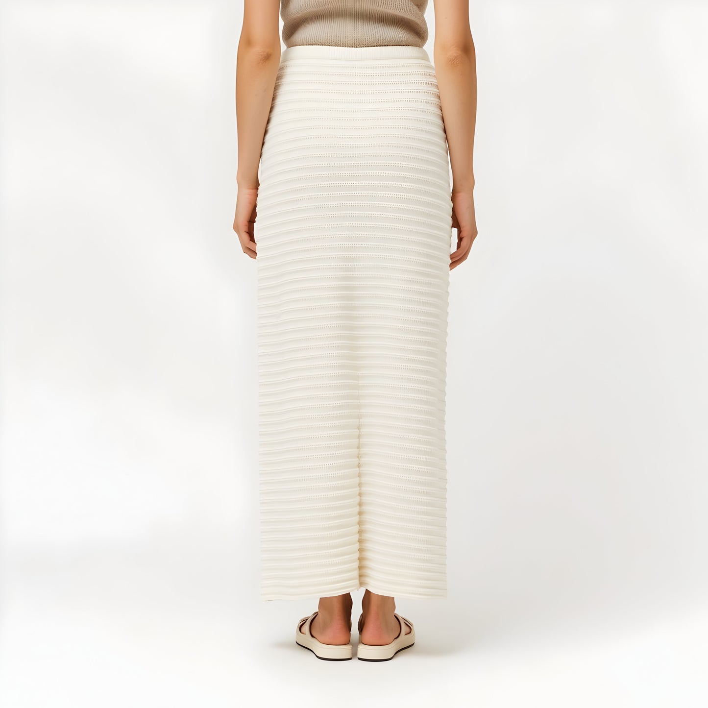 Textured Knit Midi Skirt with Ribbed Stripe Pattern and Back Slit