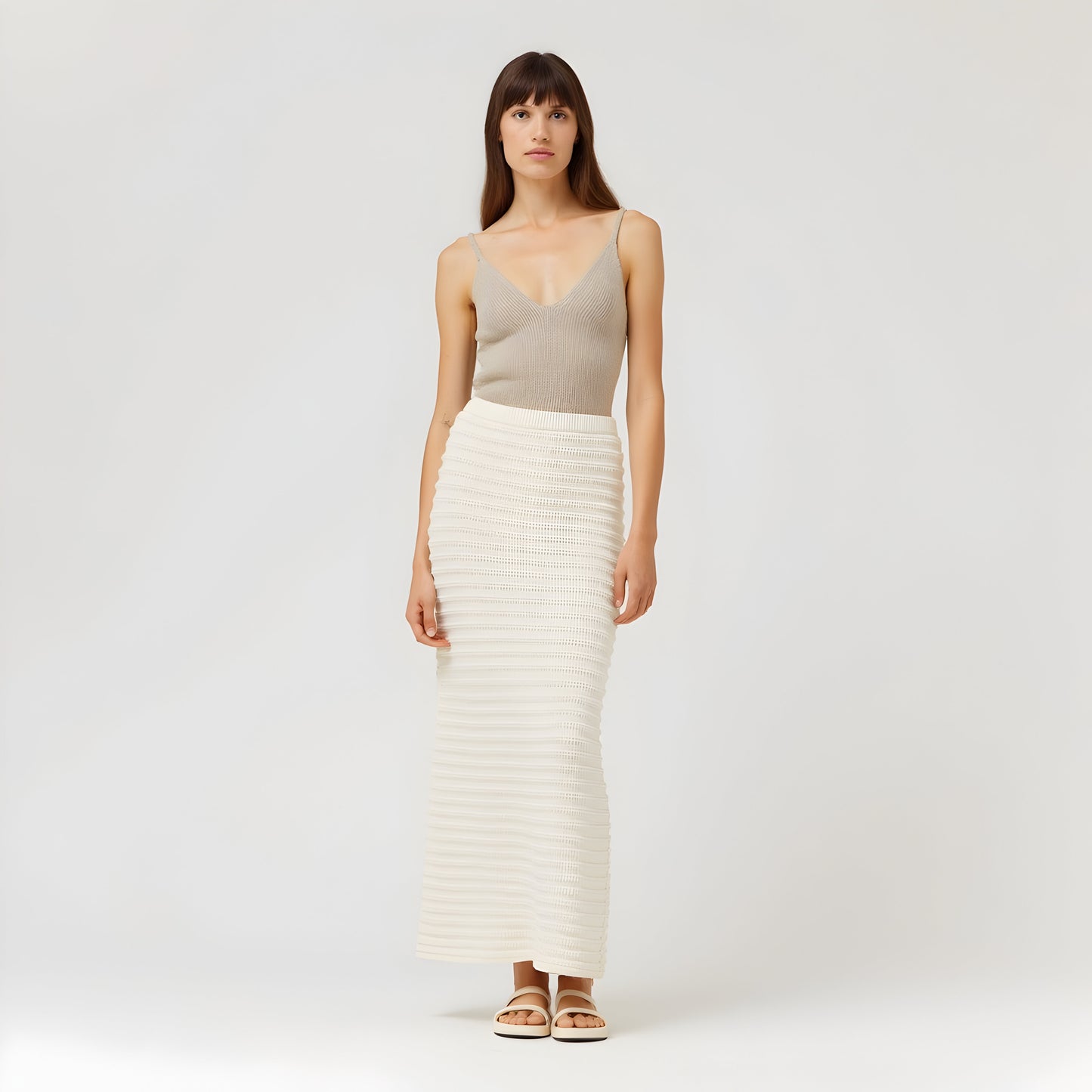 Textured Knit Midi Skirt with Ribbed Stripe Pattern and Back Slit