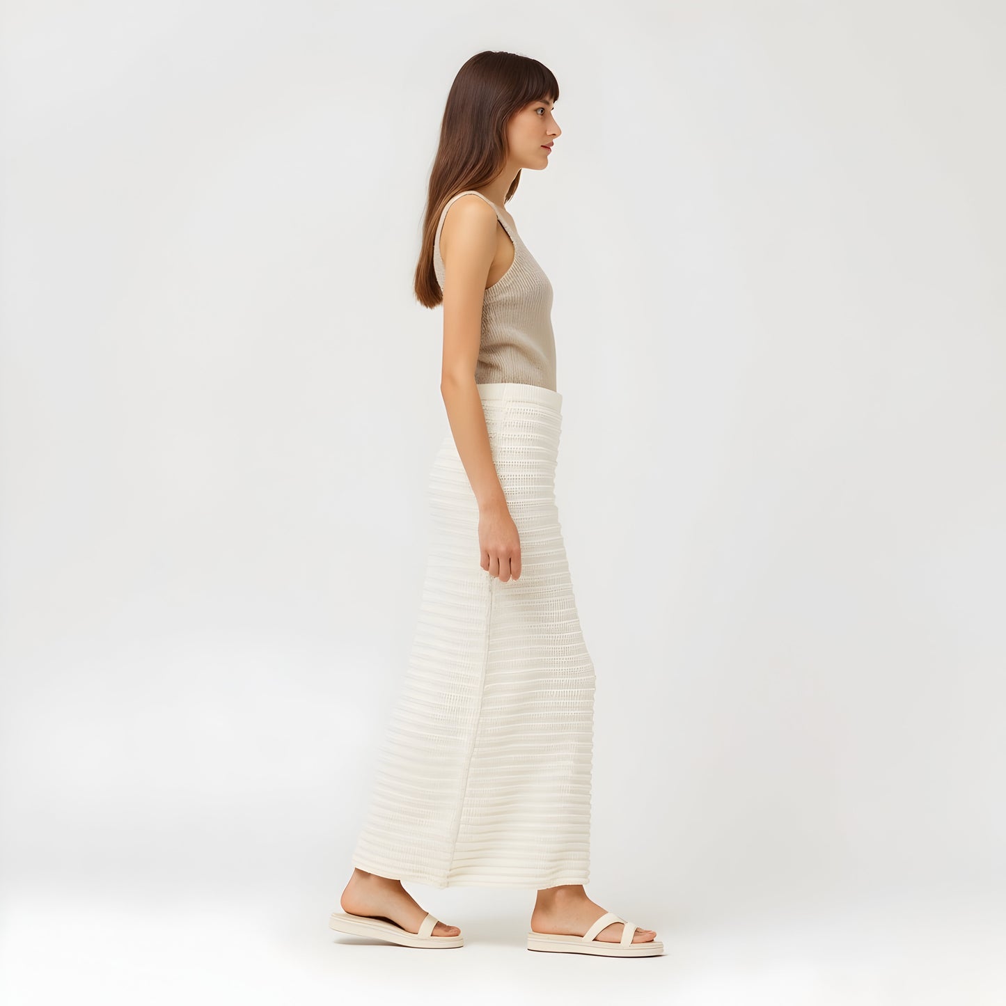 Textured Knit Midi Skirt with Ribbed Stripe Pattern and Back Slit