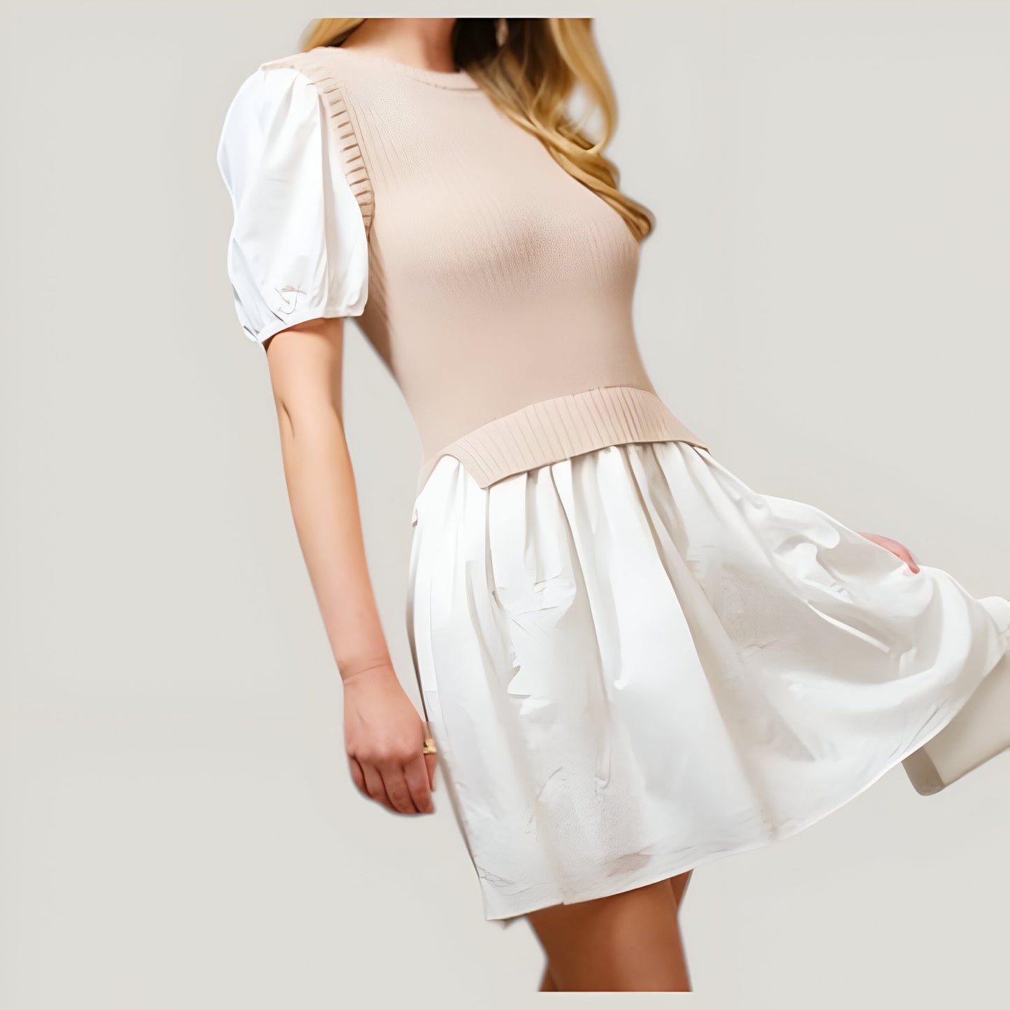 Cotton Puff Sleeve Knitted Sleeveless Sweater Mini Dress